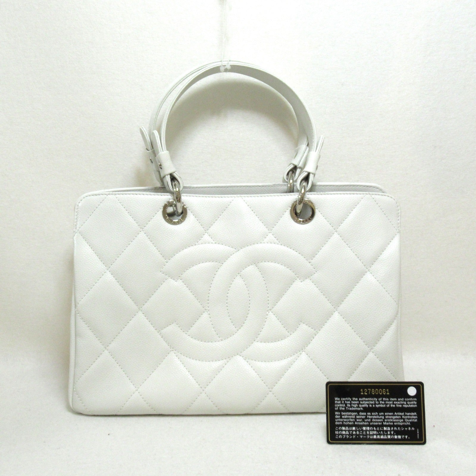 CHANEL 【激減優惠】菱格Caviar皮革Tote Bag銀扣手挽袋白色