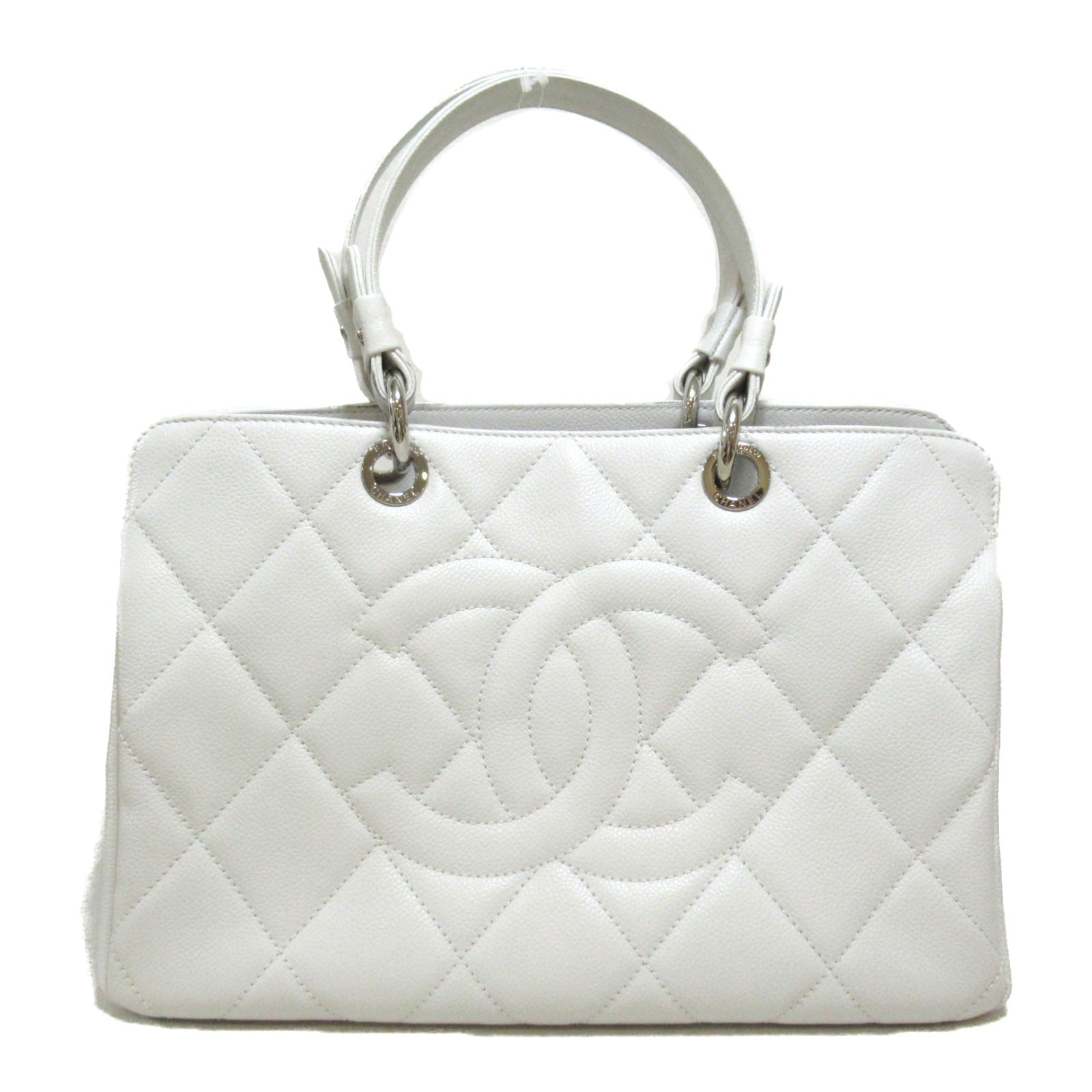 CHANEL 【激減優惠】菱格Caviar皮革Tote Bag銀扣手挽袋白色