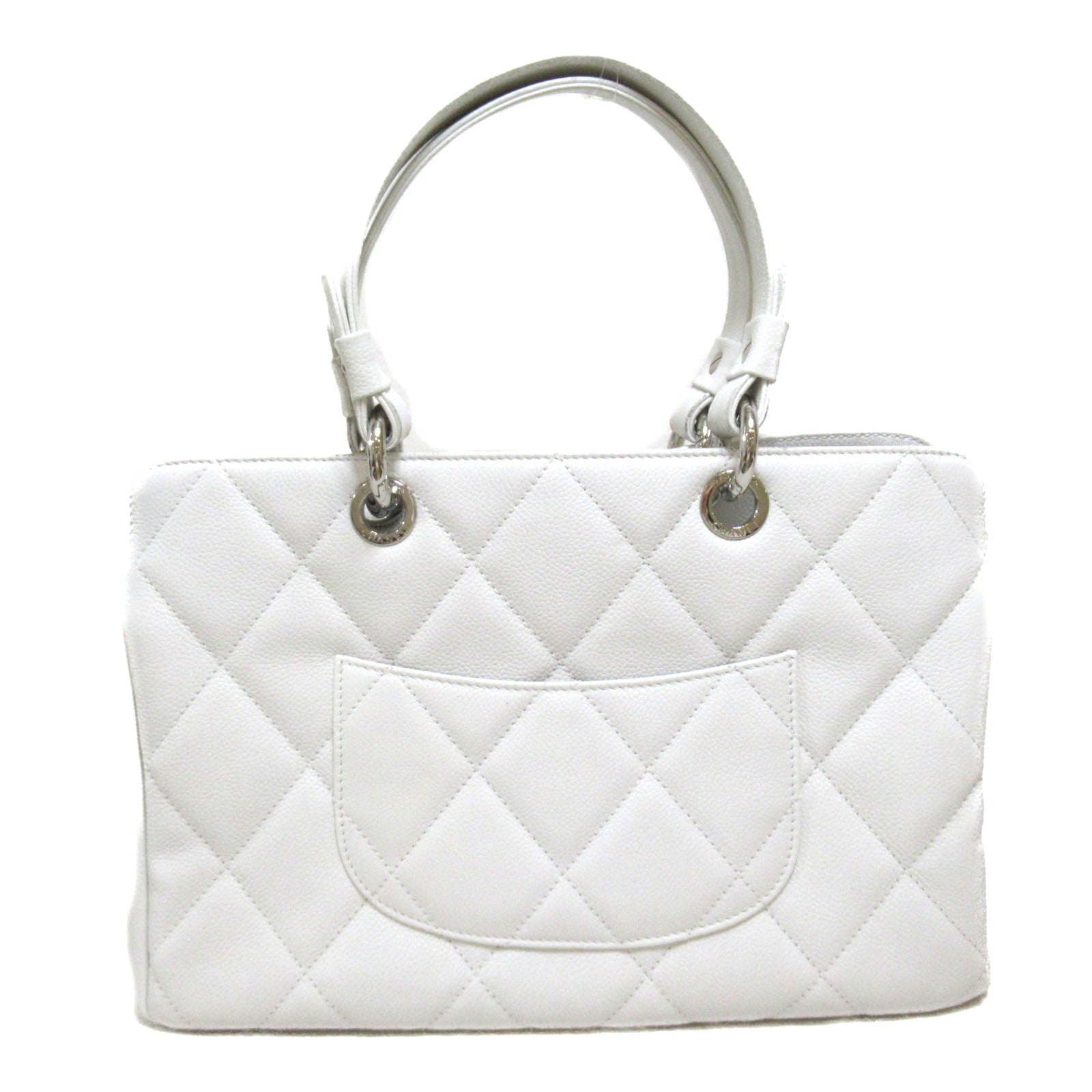CHANEL 【激減優惠】菱格Caviar皮革Tote Bag銀扣手挽袋白色