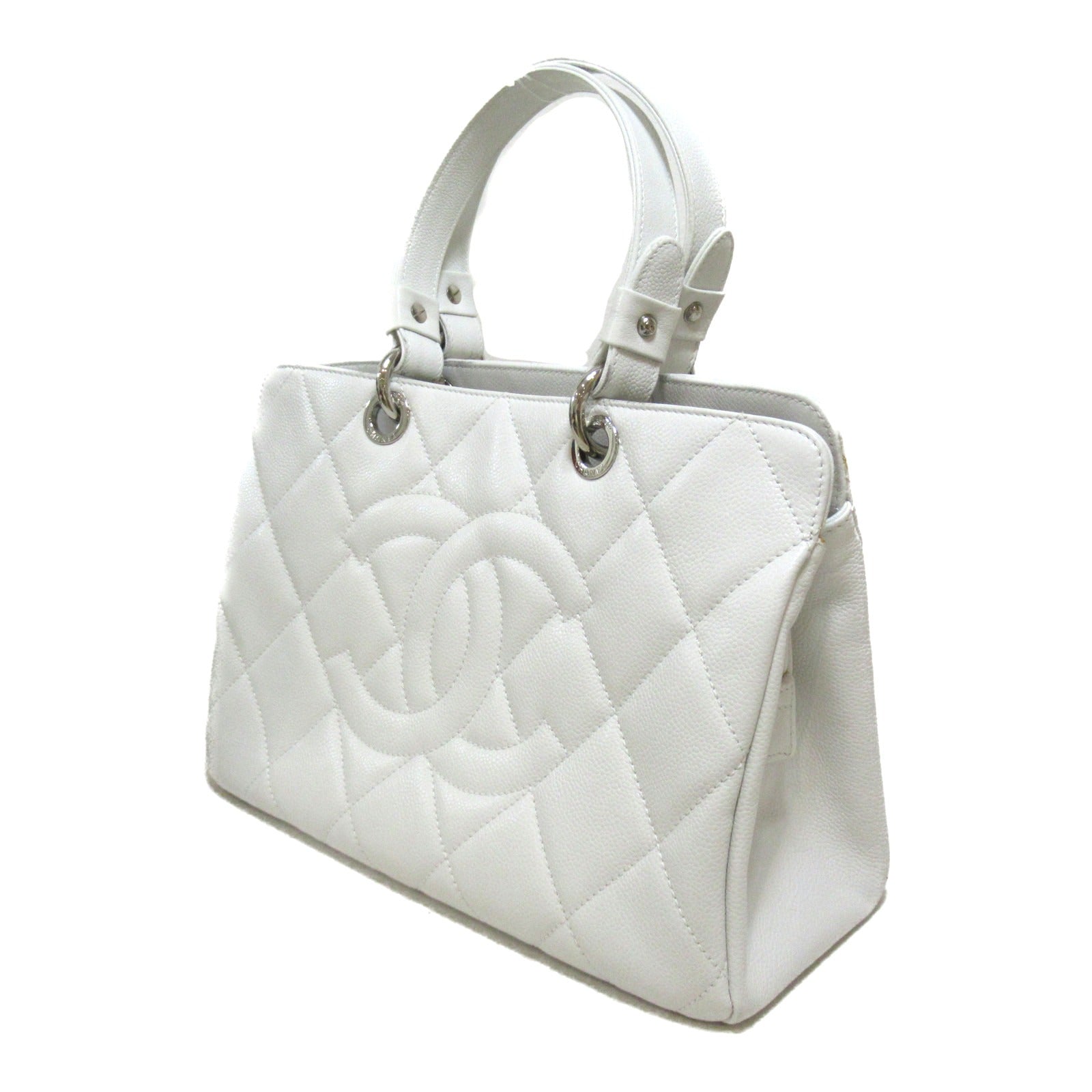 CHANEL 【激減優惠】菱格Caviar皮革Tote Bag銀扣手挽袋白色