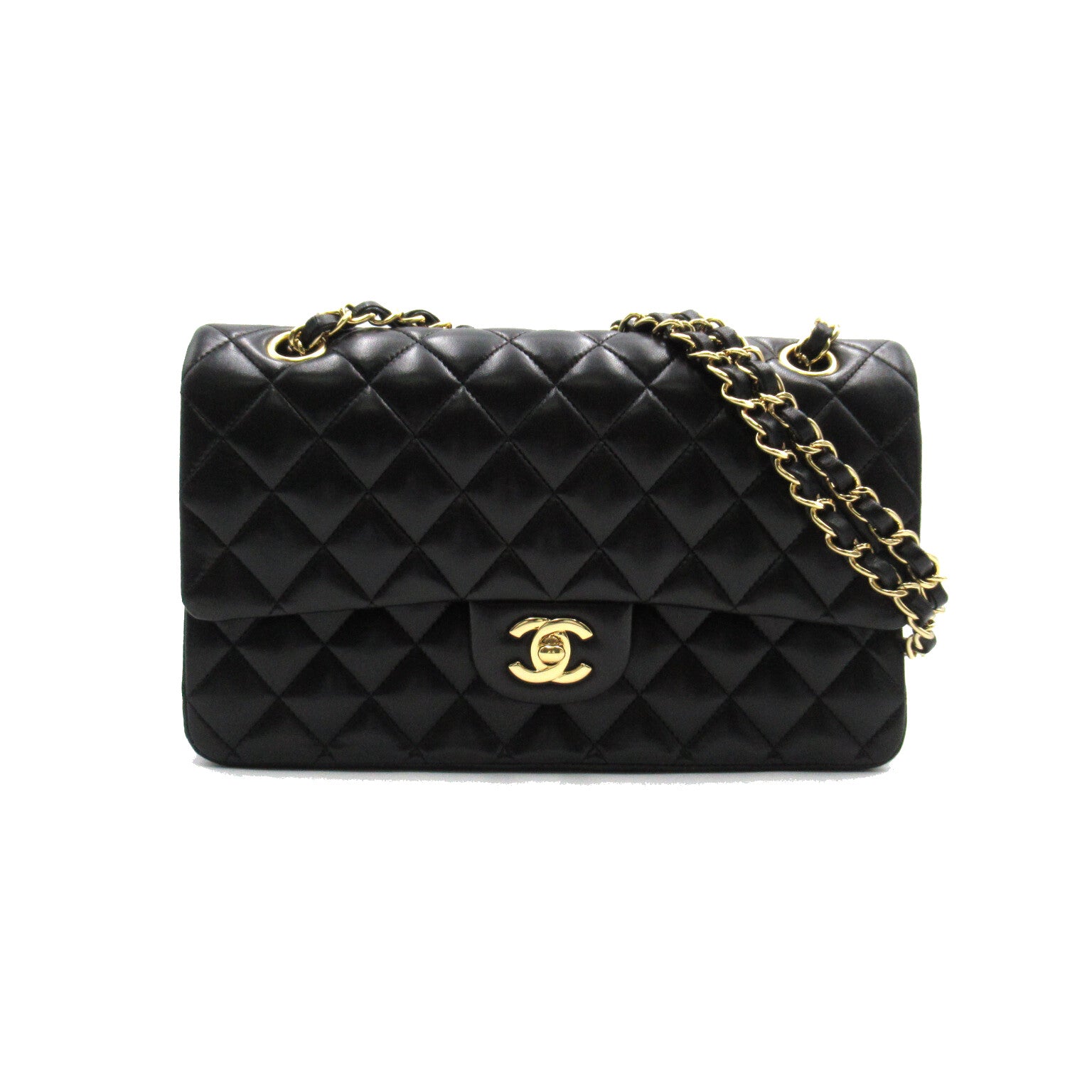 CHANEL Diamond Sheepskin Leather Classic Gold Buckle Shoulder Bag Black