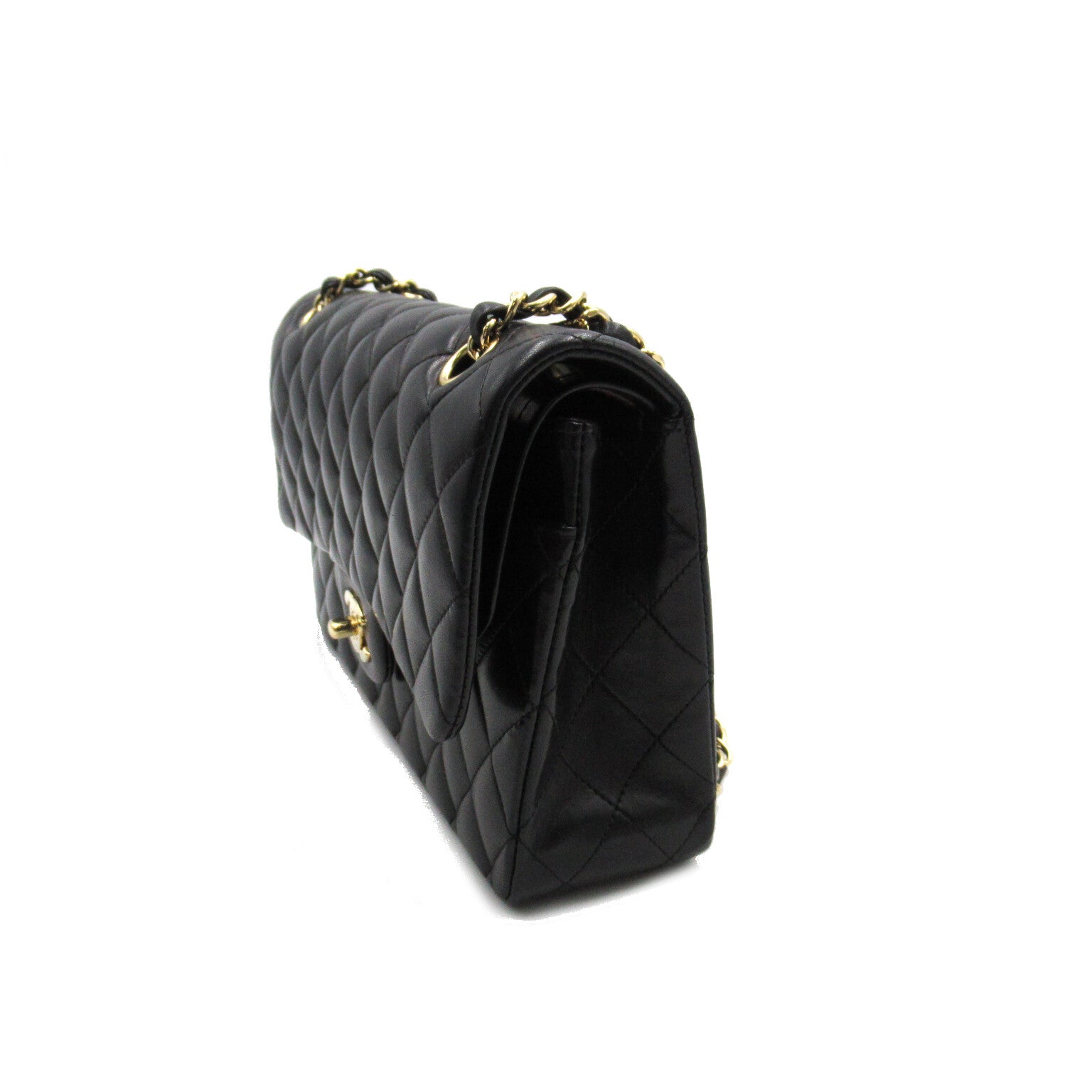 CHANEL Diamond Sheepskin Leather Classic Gold Buckle Shoulder Bag Black