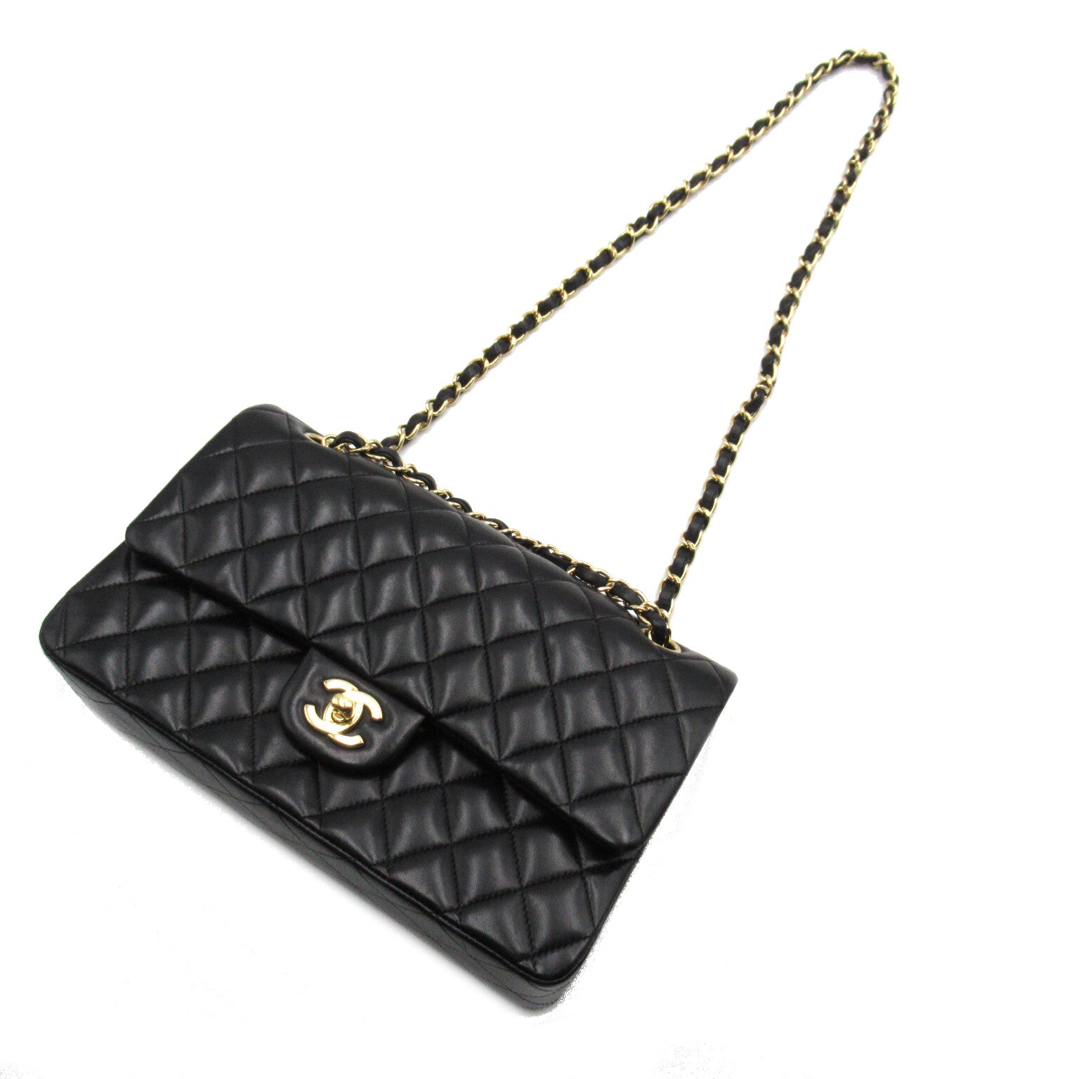 CHANEL Diamond Sheepskin Leather Classic Gold Buckle Shoulder Bag Black