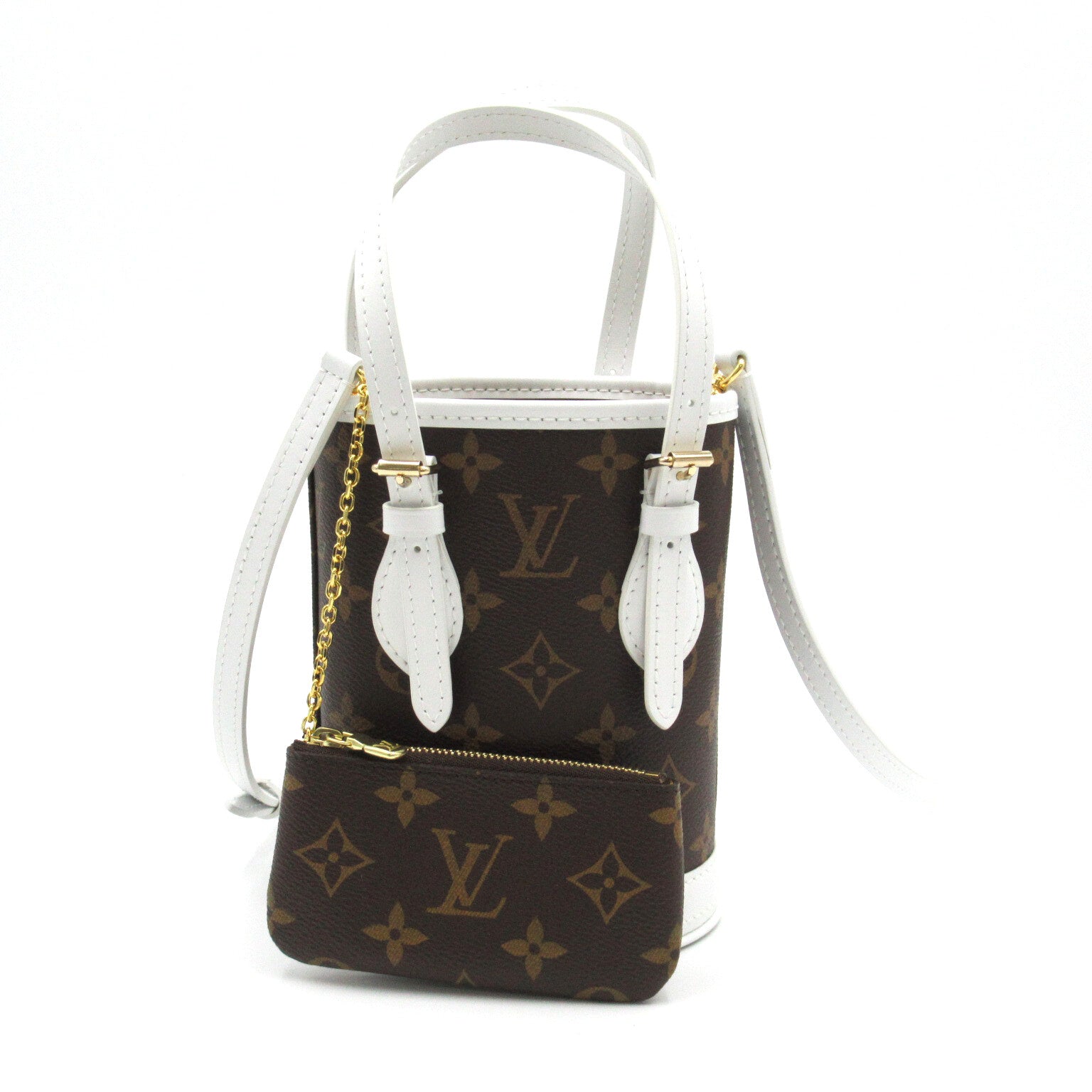 LOUIS VUITTON Monogram Nano Bucket金扣手挽肩背兩用袋啡色/白色