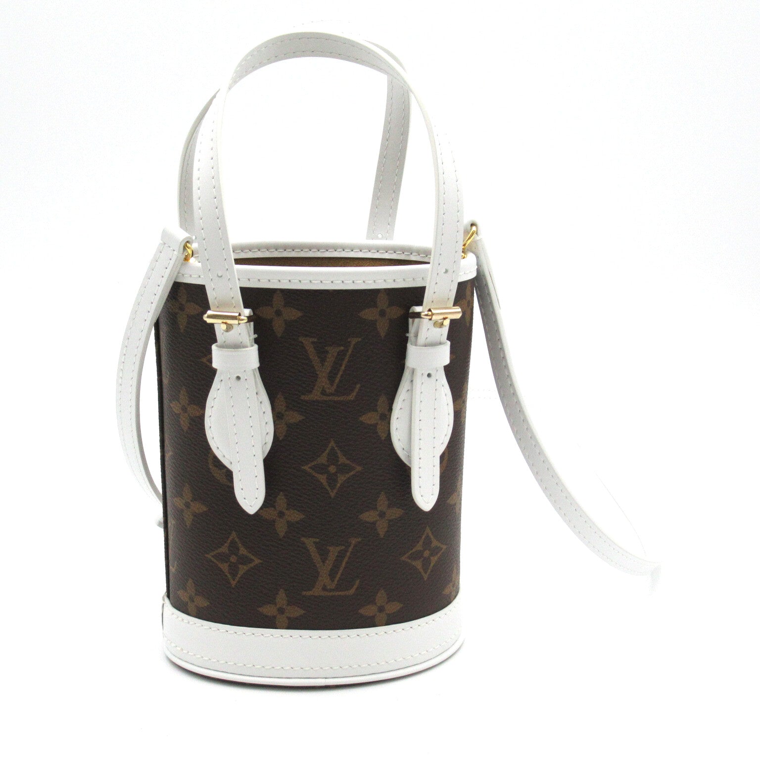 LOUIS VUITTON Monogram Nano Bucket金扣手挽肩背兩用袋啡色/白色
