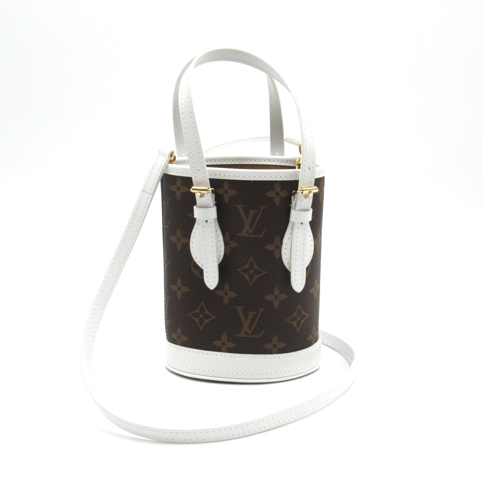 LOUIS VUITTON Monogram Nano Bucket金扣手挽肩背兩用袋啡色/白色