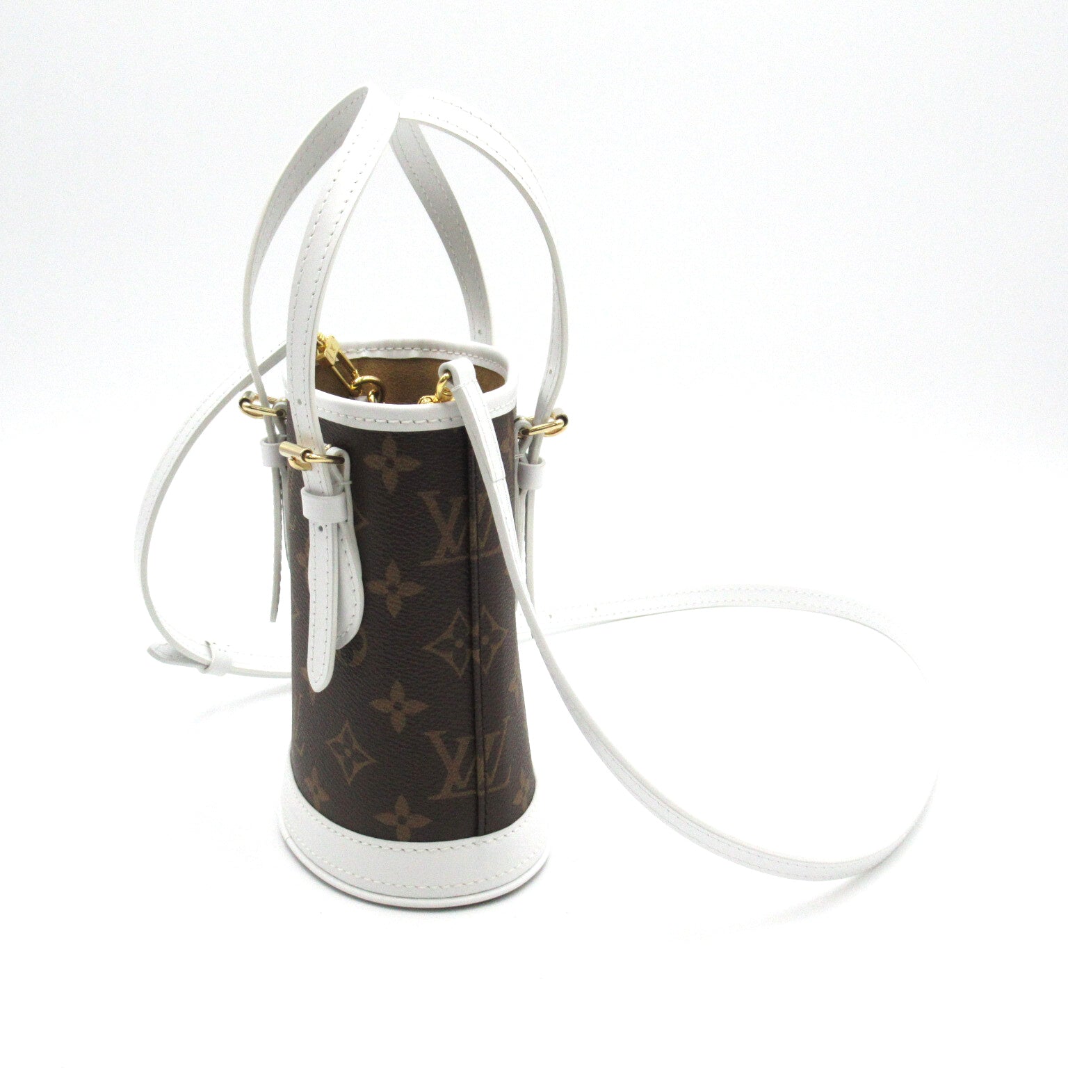 LOUIS VUITTON Monogram Nano Bucket金扣手挽肩背兩用袋啡色/白色