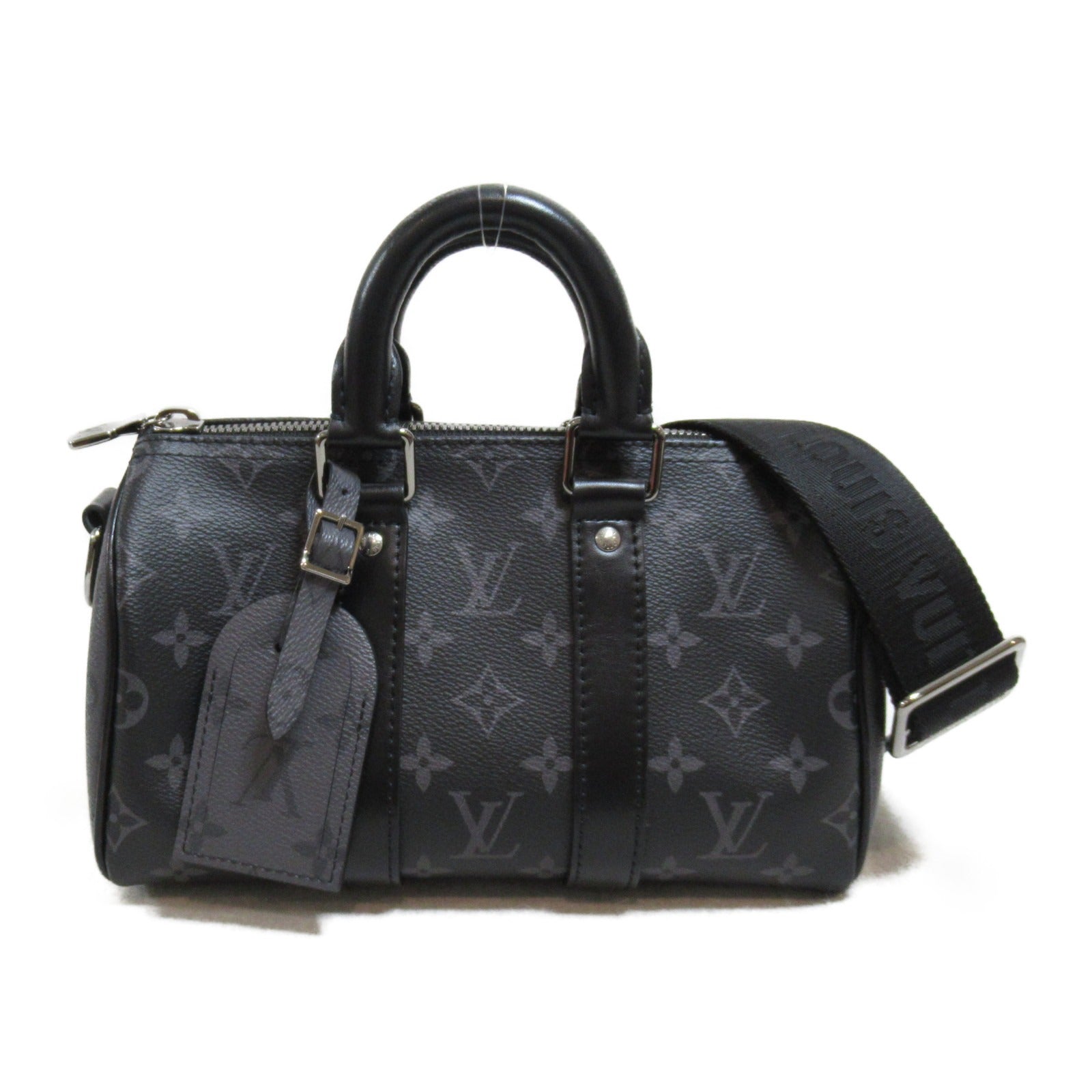 LOUIS VUITTON Monogram Eclipse Keepall Bandouliere 25銀扣手挽肩背兩用袋黑色