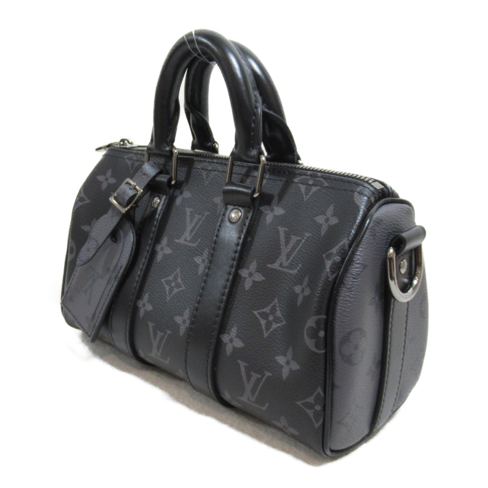 LOUIS VUITTON Monogram Eclipse Keepall Bandouliere 25銀扣手挽肩背兩用袋黑色