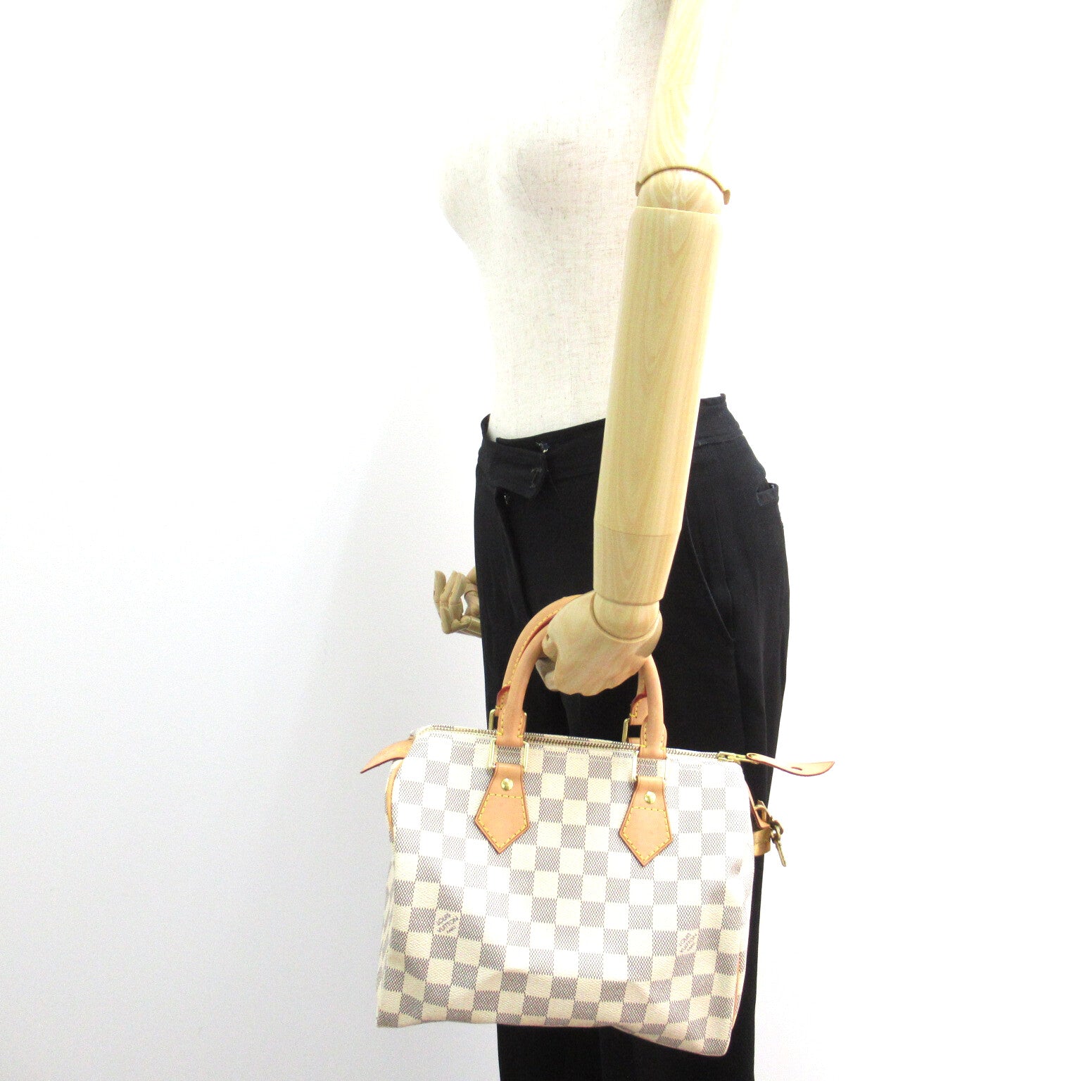 LOUIS VUITTON Damier Azur Speedy 25金扣手挽袋白色