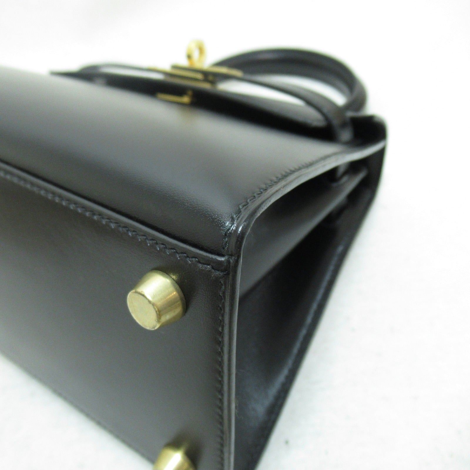 HERMES Box Calf皮革Mini Kelly金扣手挽肩背兩用袋Noir/黑色