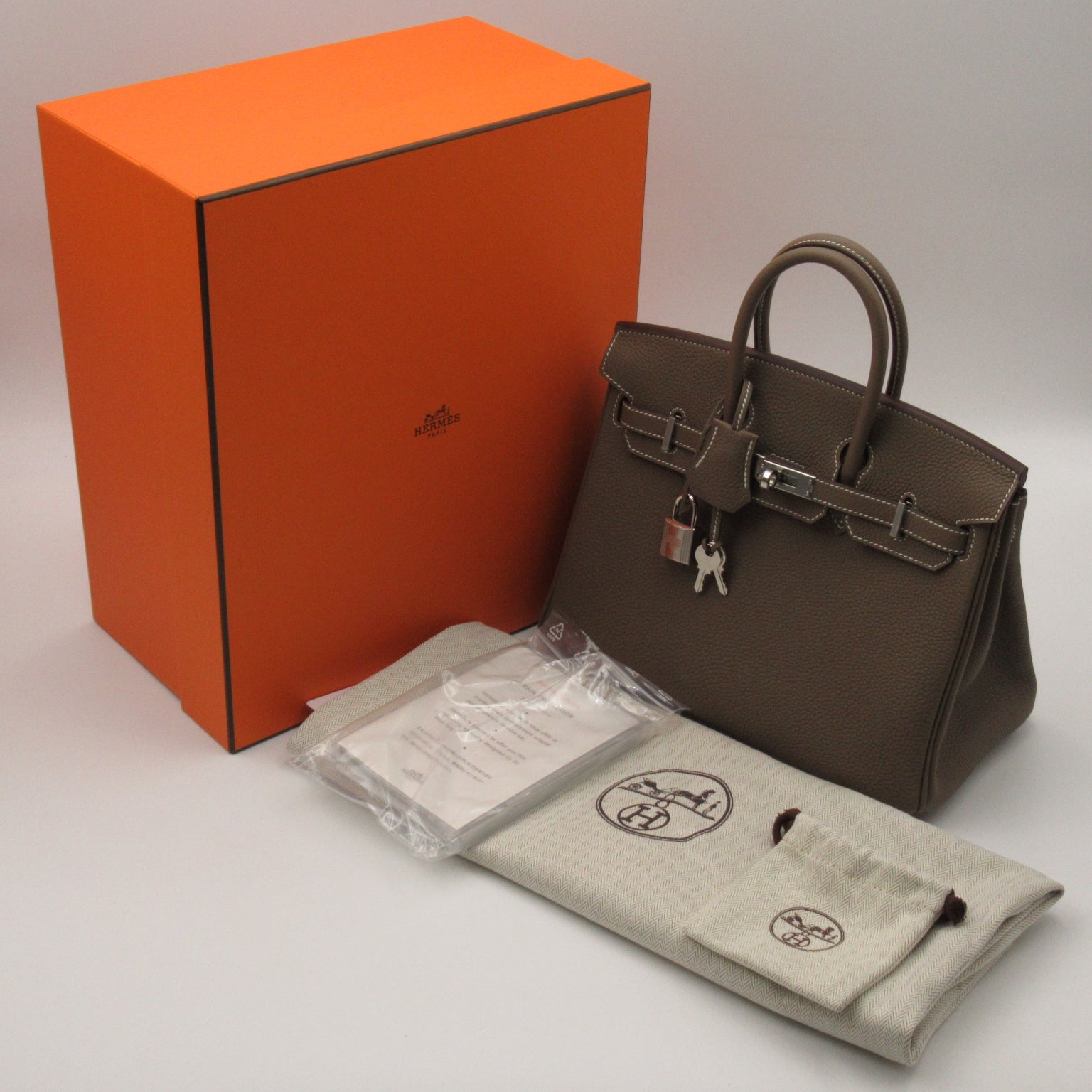 HERMES Togo Leather Birkin 25 Silver Buckle Handle Etope