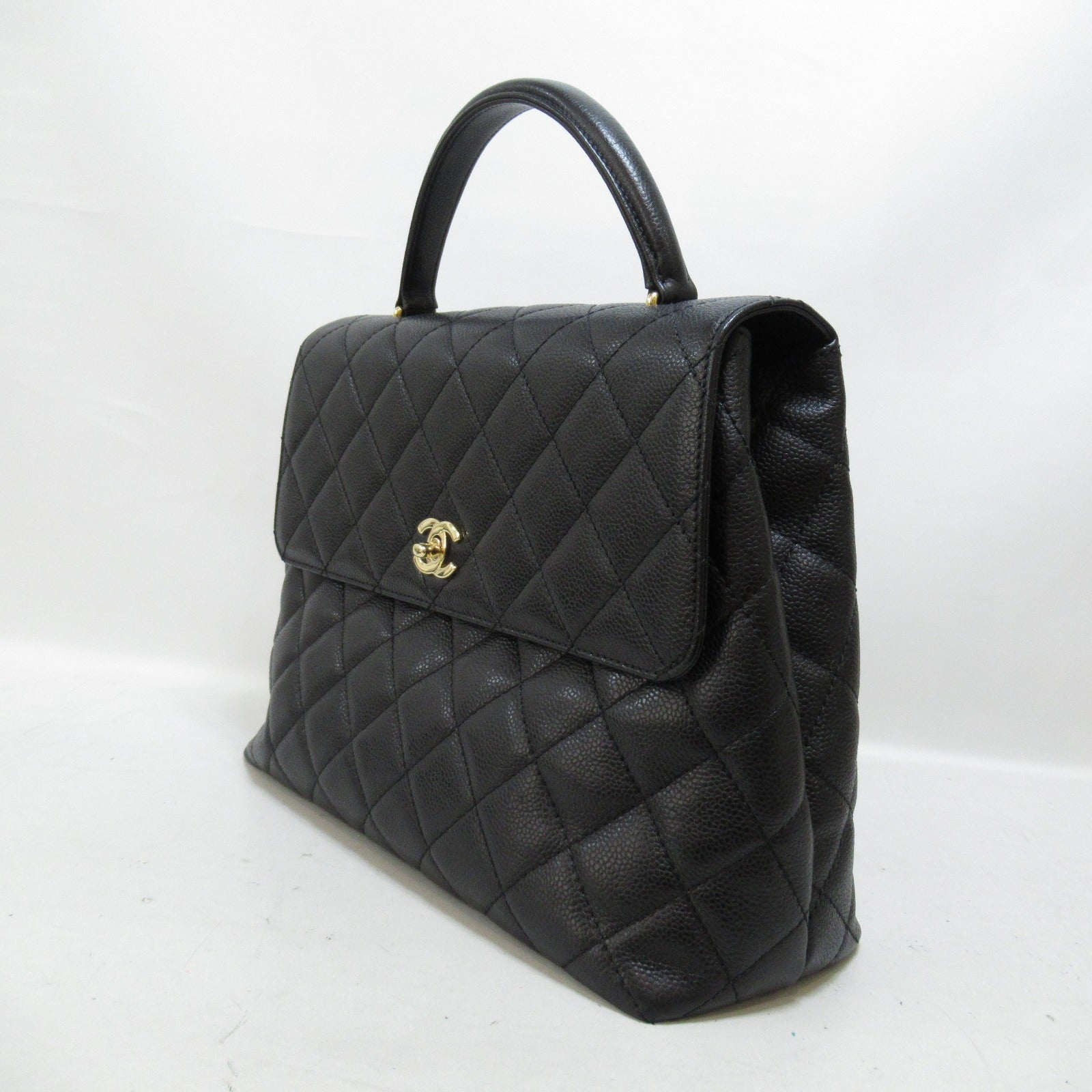 CHANEL 菱格Caviar皮革Handbag金扣手挽袋黑色