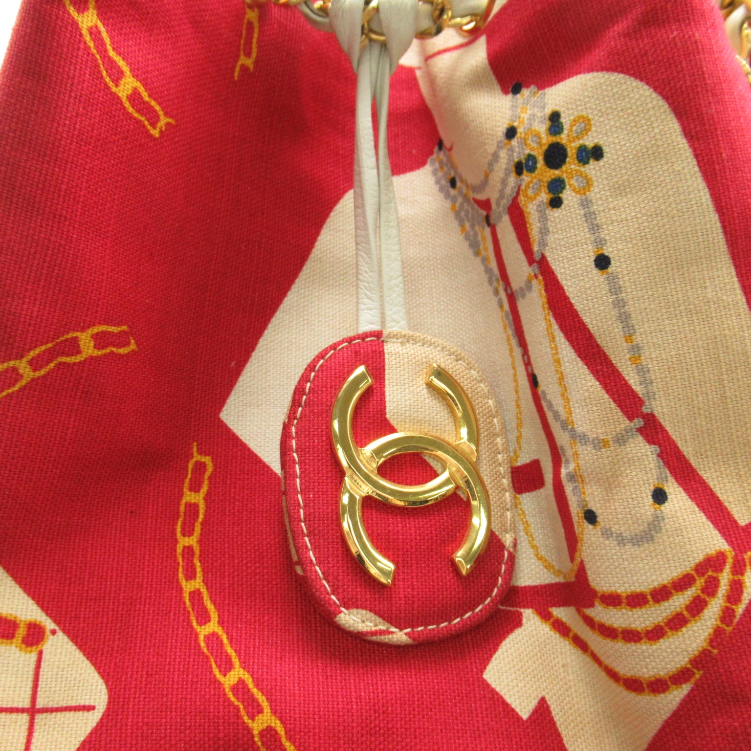 CHANEL 【激減優惠】帆布Chain Shoulder金扣肩背袋紅色/米色