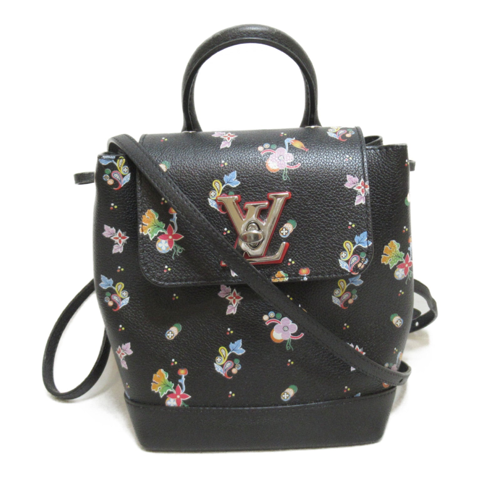LOUIS VUITTON 牛皮皮革Lock me Backpack Mini銀扣手挽背包袋Noir/黑色
