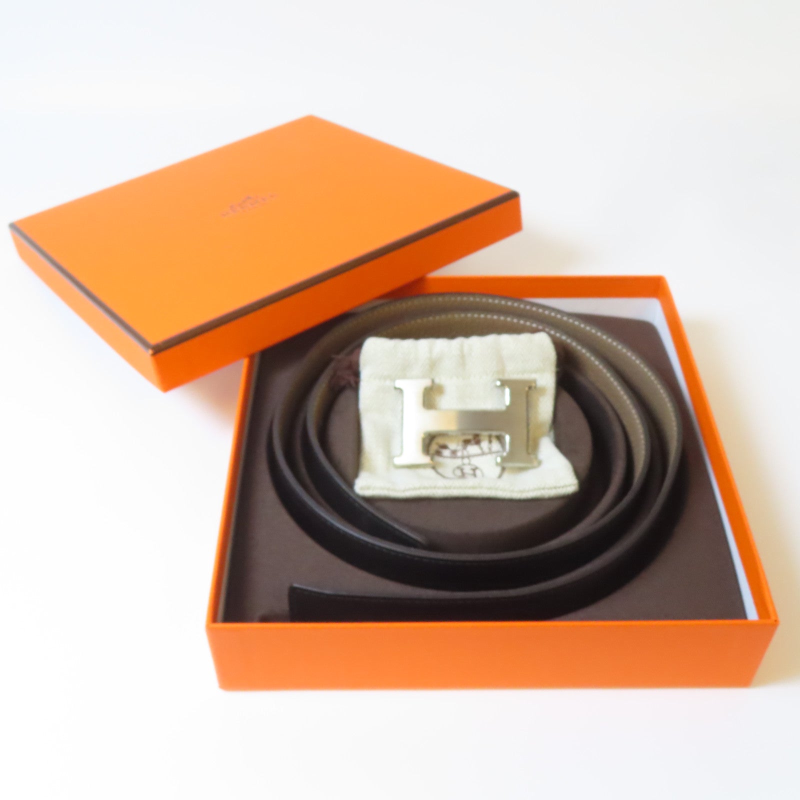 HERMES Epsom皮革/牛皮皮革H Belt Buckle & Reversible Belt銀扣皮帶大象灰色/黑色