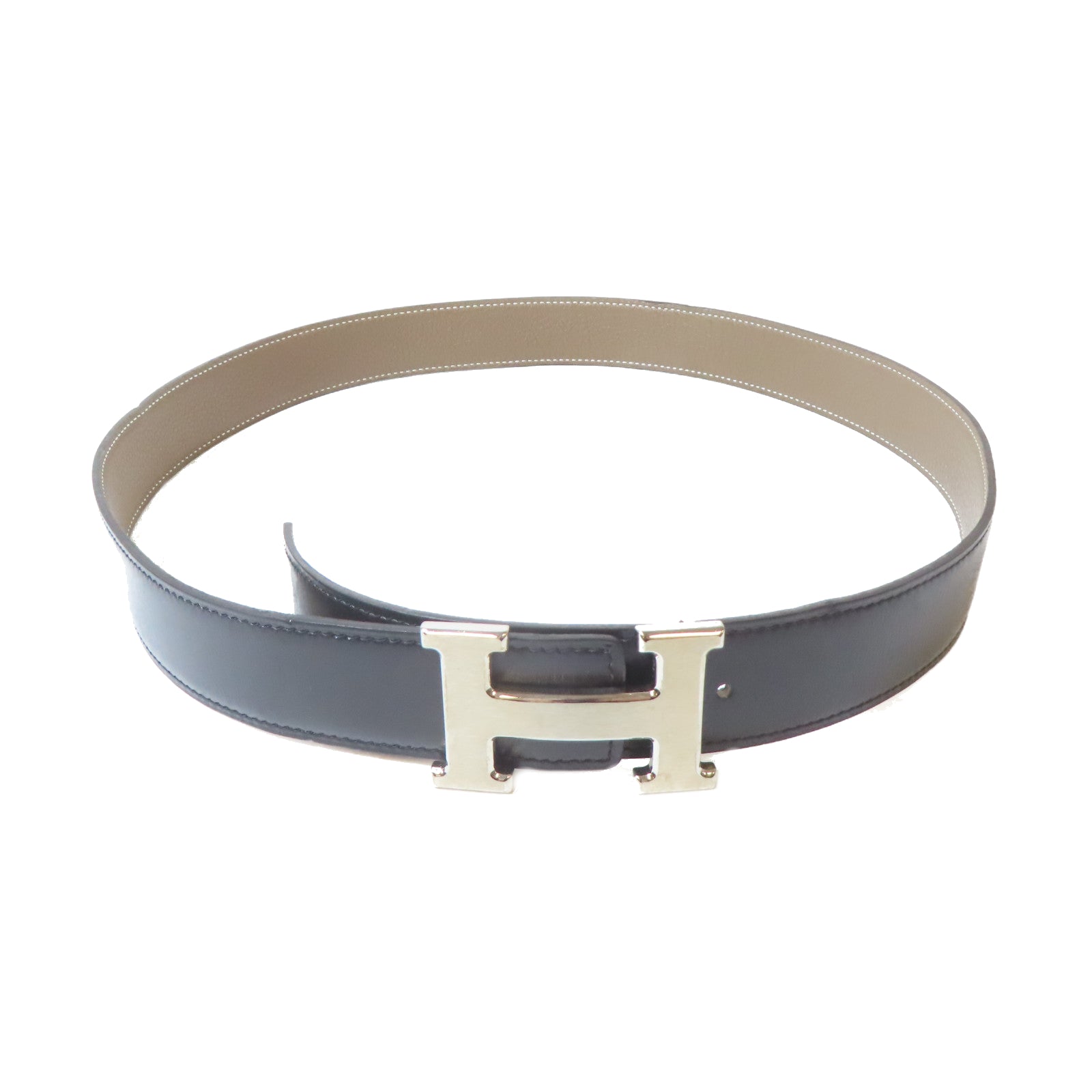 HERMES Epsom皮革/牛皮皮革H Belt Buckle & Reversible Belt銀扣皮帶大象灰色/黑色