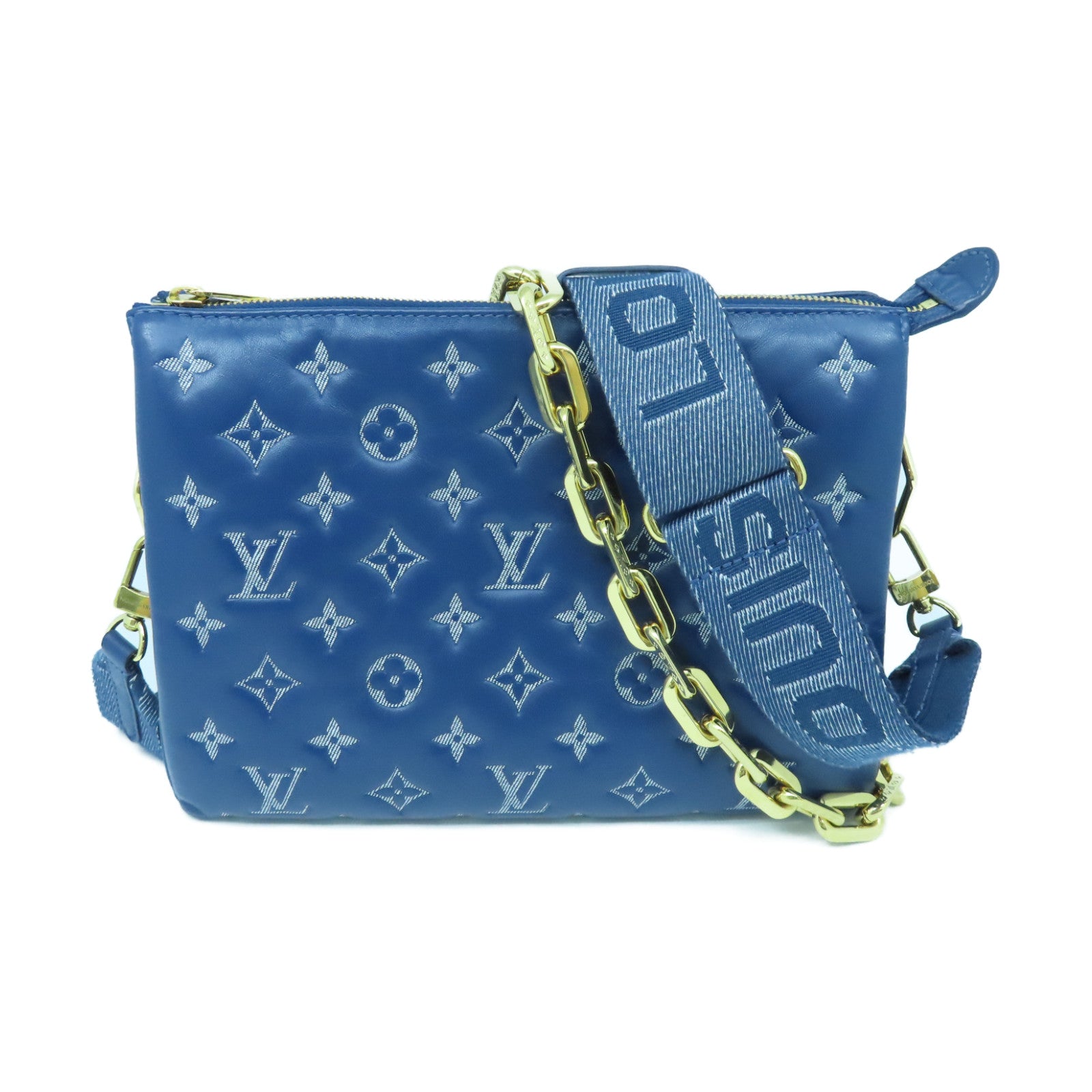 LOUIS VUITTON Monogram Denim Coussin PM gold buckle shoulder shoulder bag blue