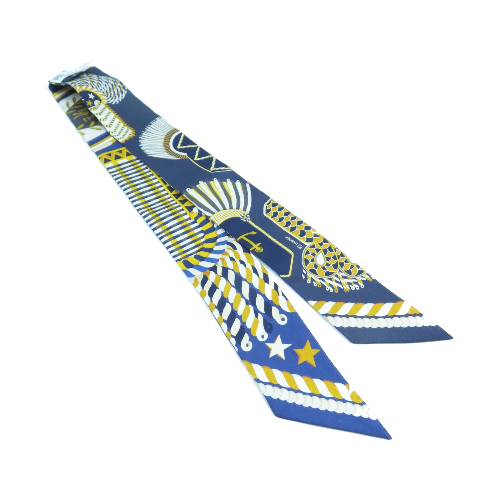 HERMES 絲質Twilly絲巾海軍藍色/黃色
