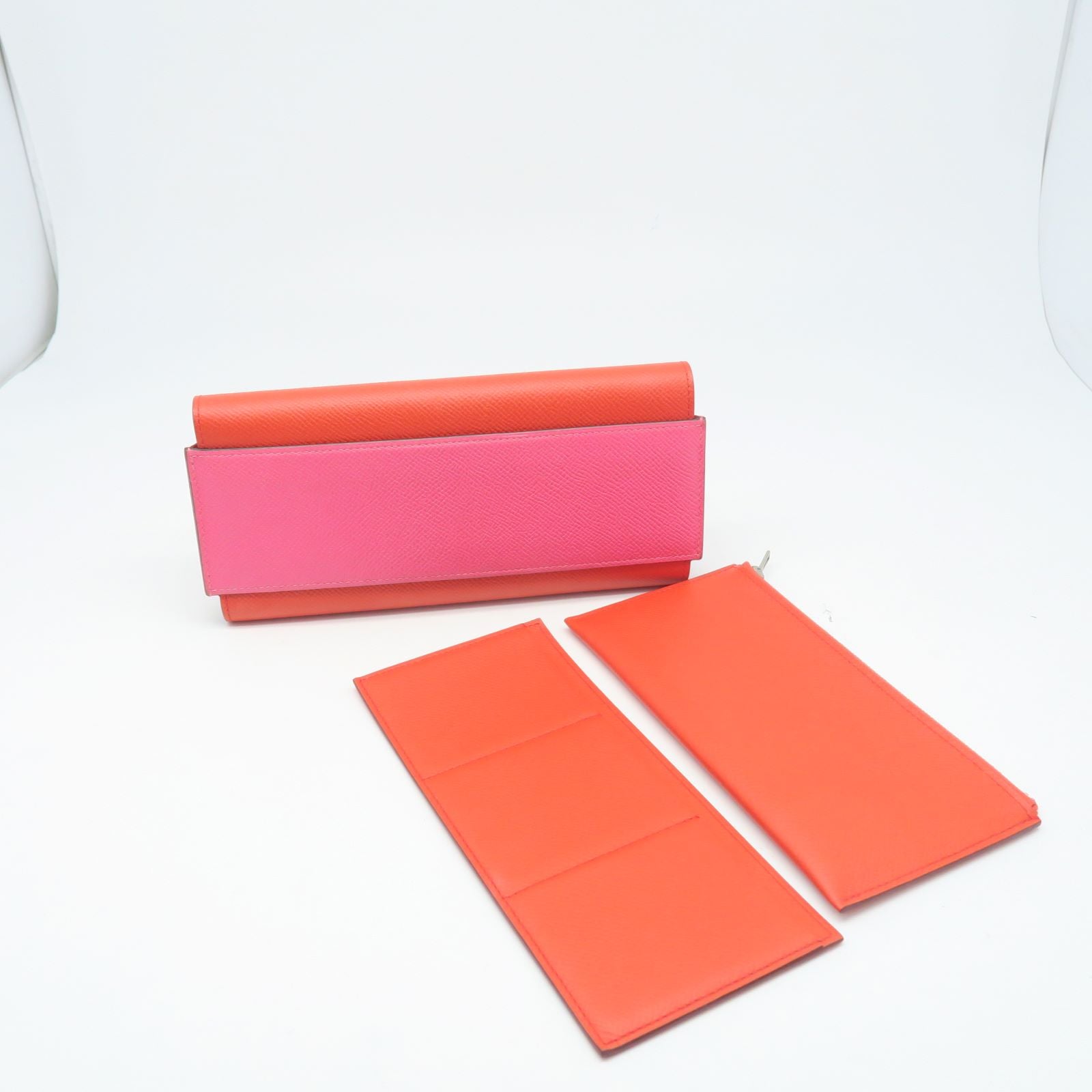 HERMES Epsom Leather Passant Long Wallet Silver Buckle Long Wallet Orange/Pink