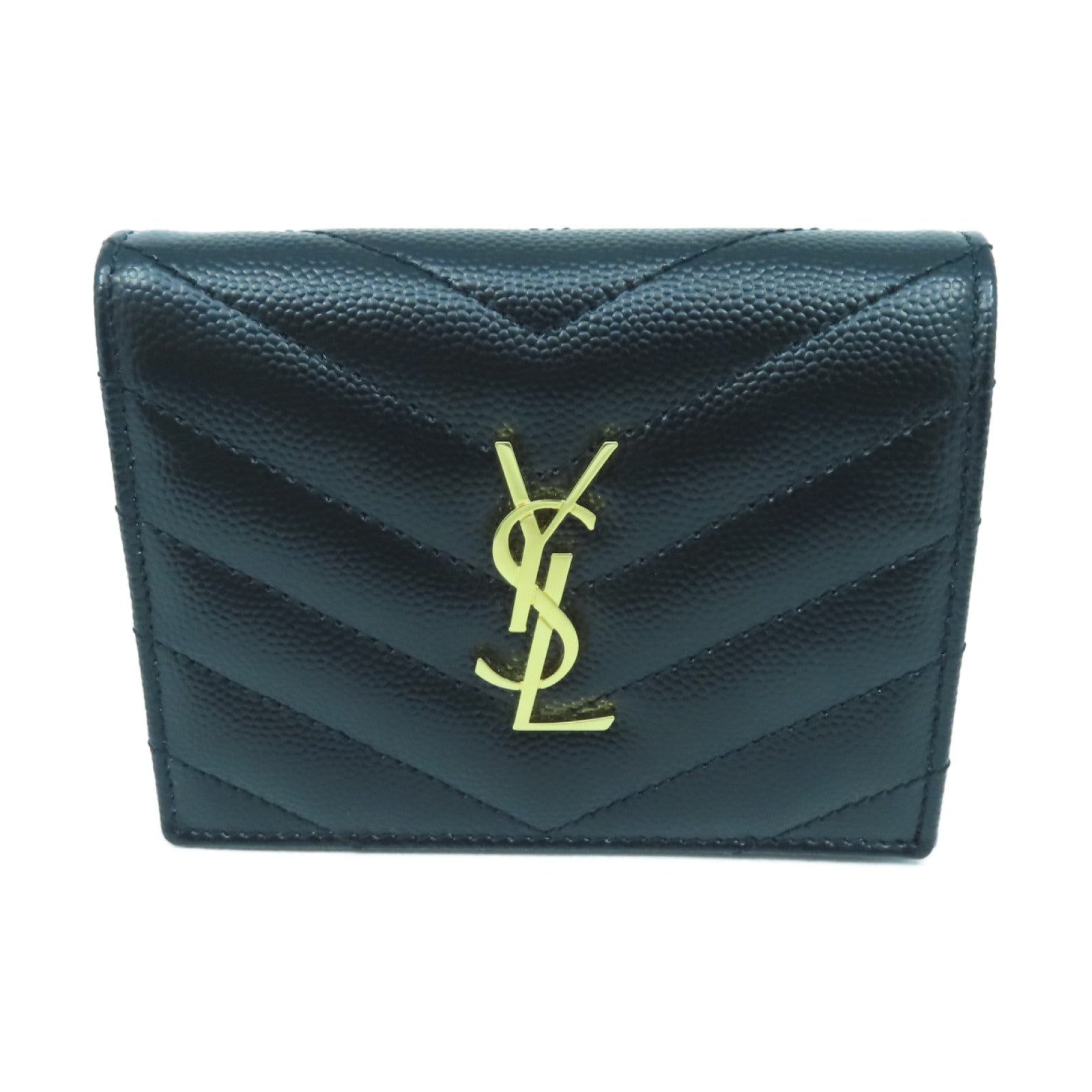 SAINT LAURENT Calfskin Leather Wallet Gold Buckle Wallet Black