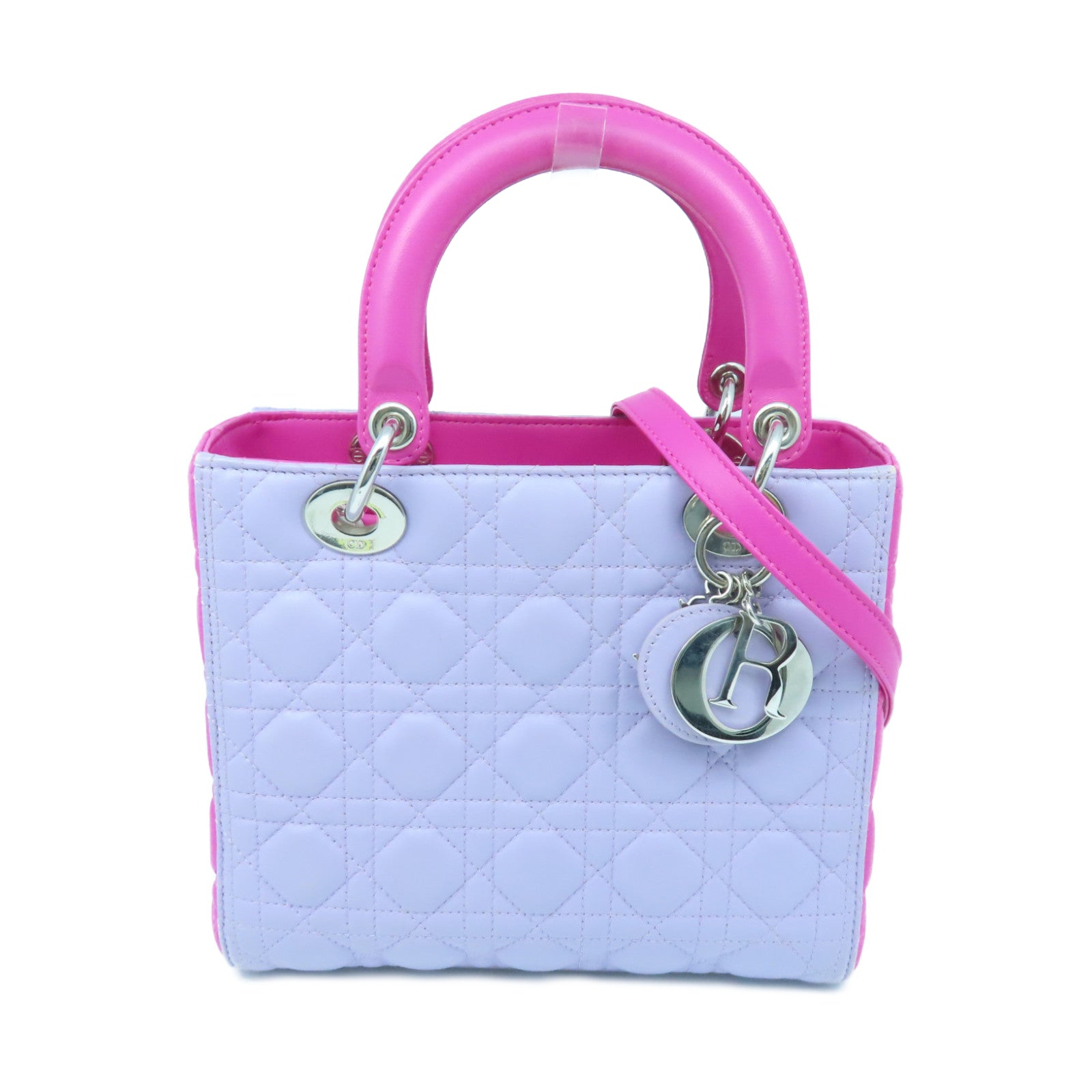 Dior Sheepskin Leather Lady Dior Silver Buckle Handle Shoulder Bag Pink/Purple