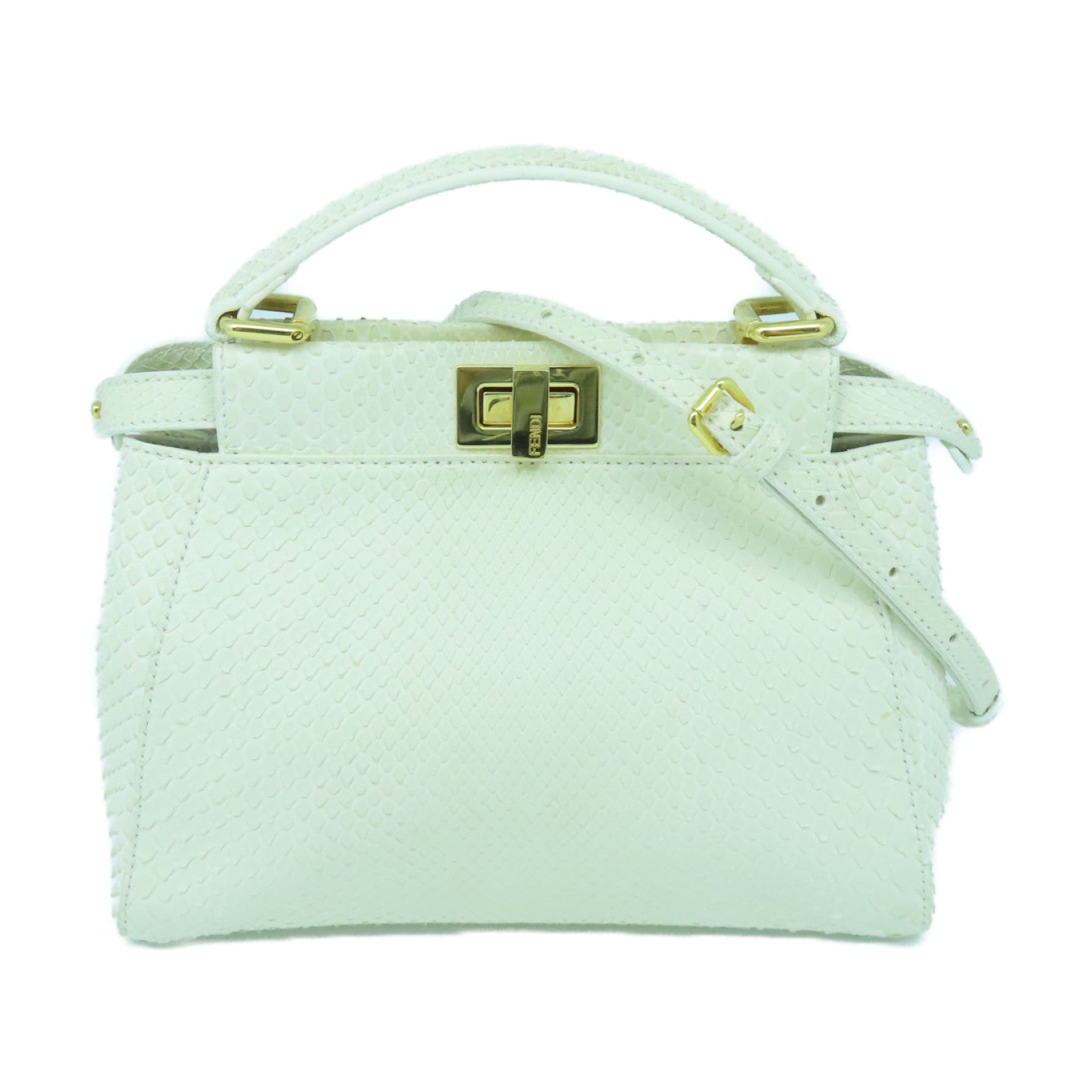 FENDI Snakeskin Leather Mini Peekaboo Gold Buckle Handle Shoulder Bag White
