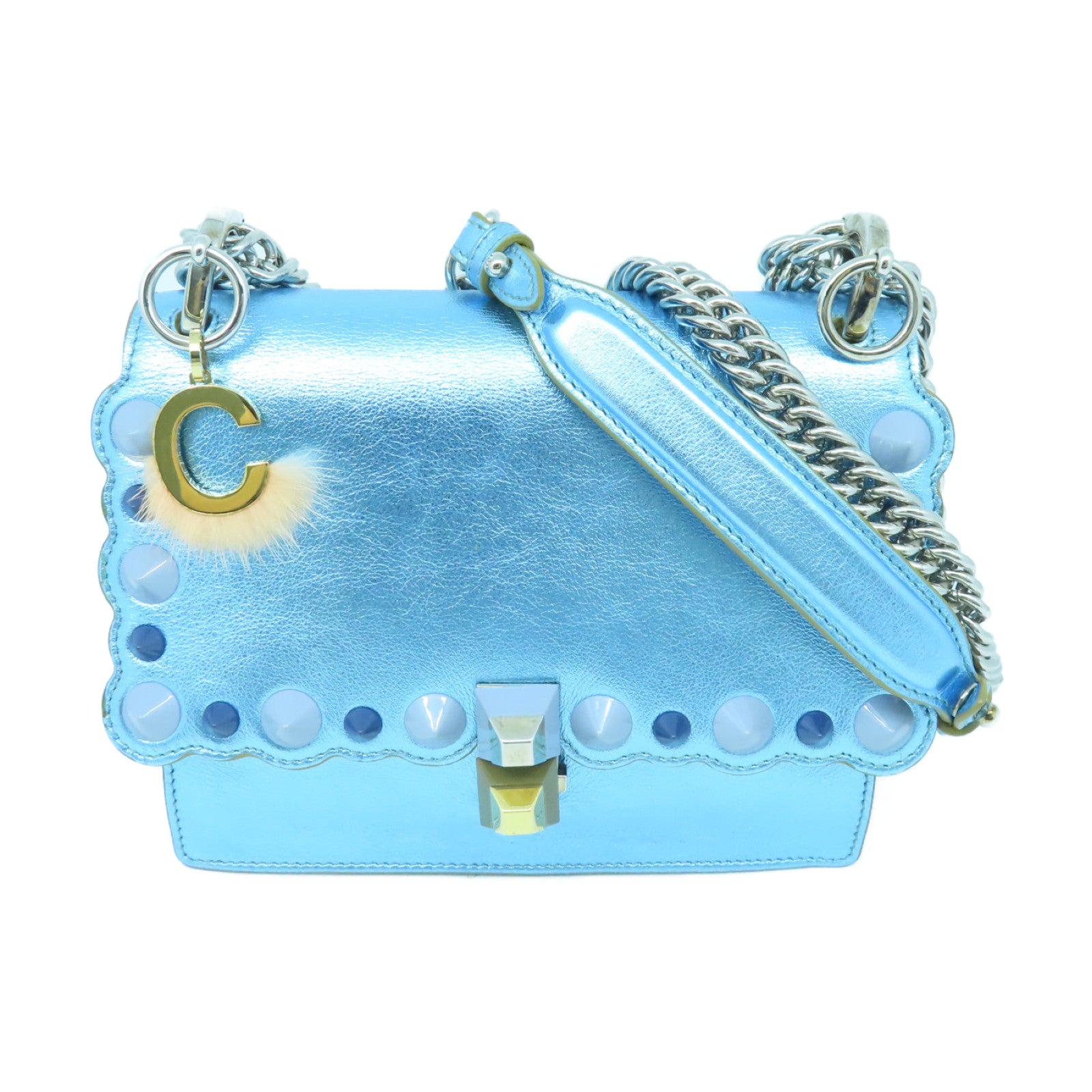 FENDI Cowhide Leather Kan I Gold Buckle/Silver Buckle Handle Shoulder Bag Blue