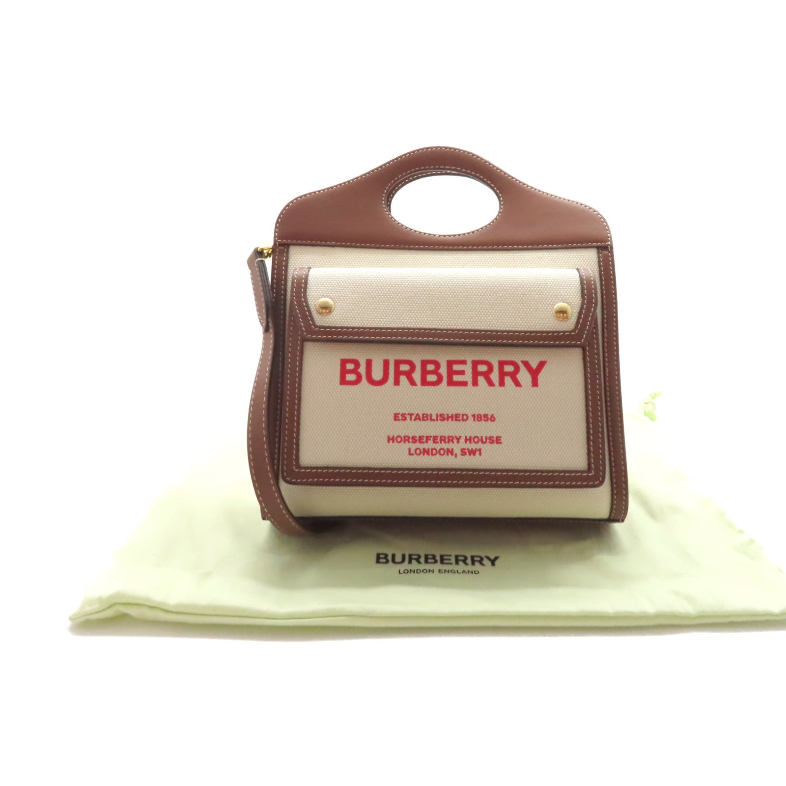 BURBERRY 牛皮皮革/帆布Mini Pocket Shoulder Bag金扣手挽肩背兩用袋啡色/米白色