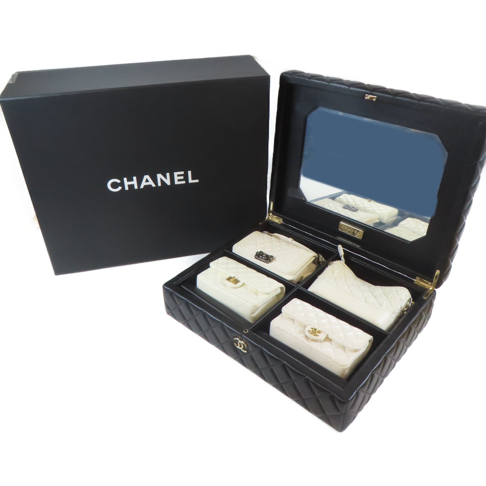 CHANEL 菱格牛皮皮革Mini Bag Set金扣/銀扣鏈帶肩背袋白色