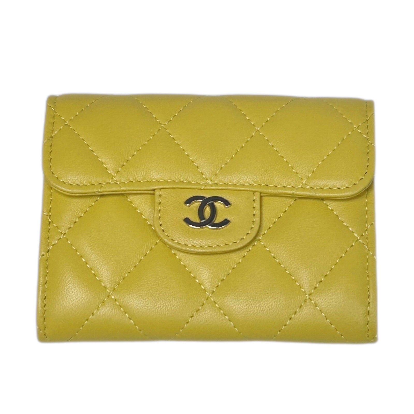 CHANEL 菱格羊皮皮革Card Case銀扣卡片套黃色