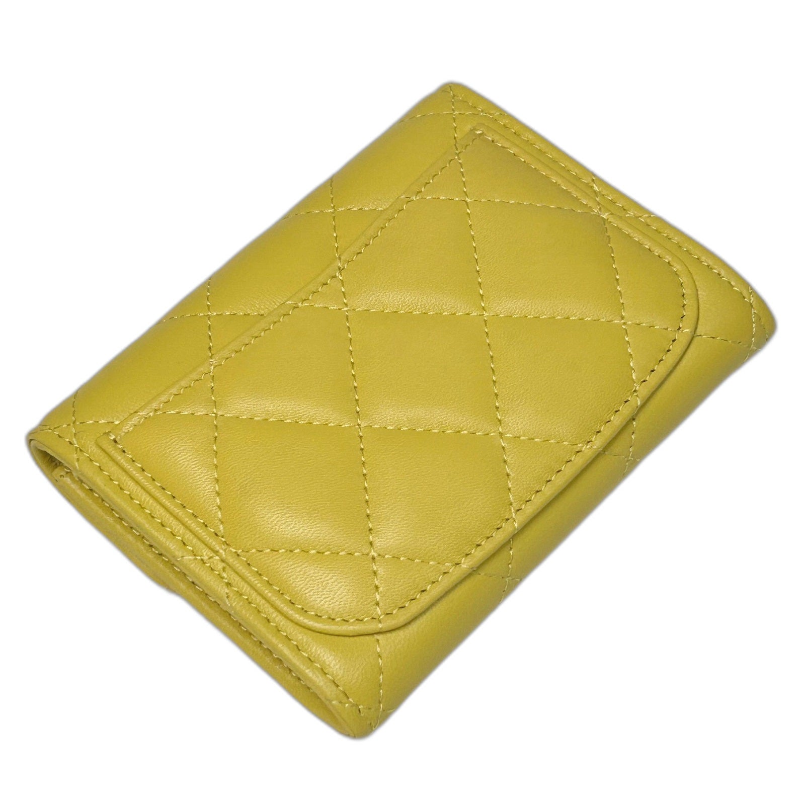 CHANEL 菱格羊皮皮革Card Case銀扣卡片套黃色
