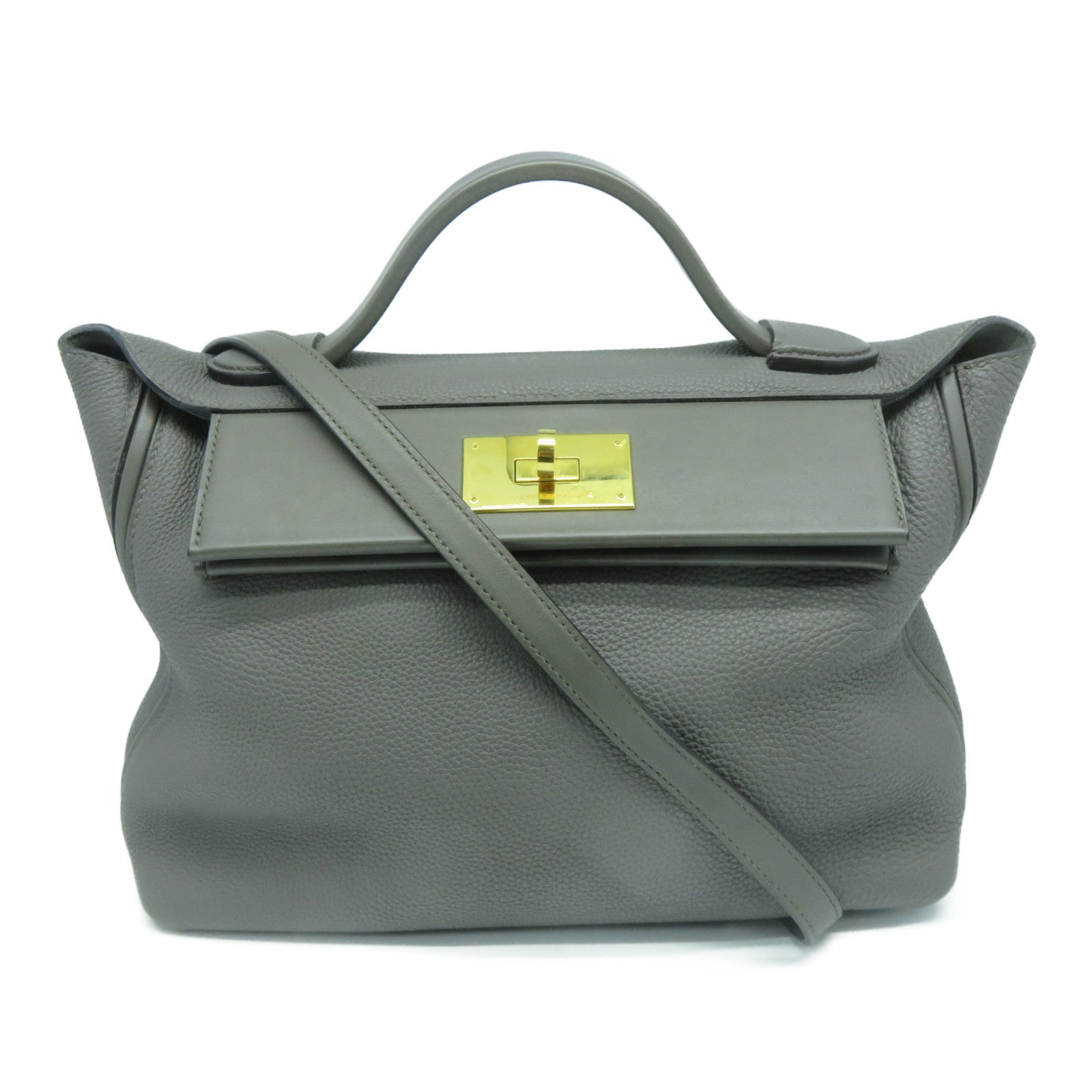 HERMES Clemence皮革24/24 29CM金扣手挽肩背兩用袋錫灰色