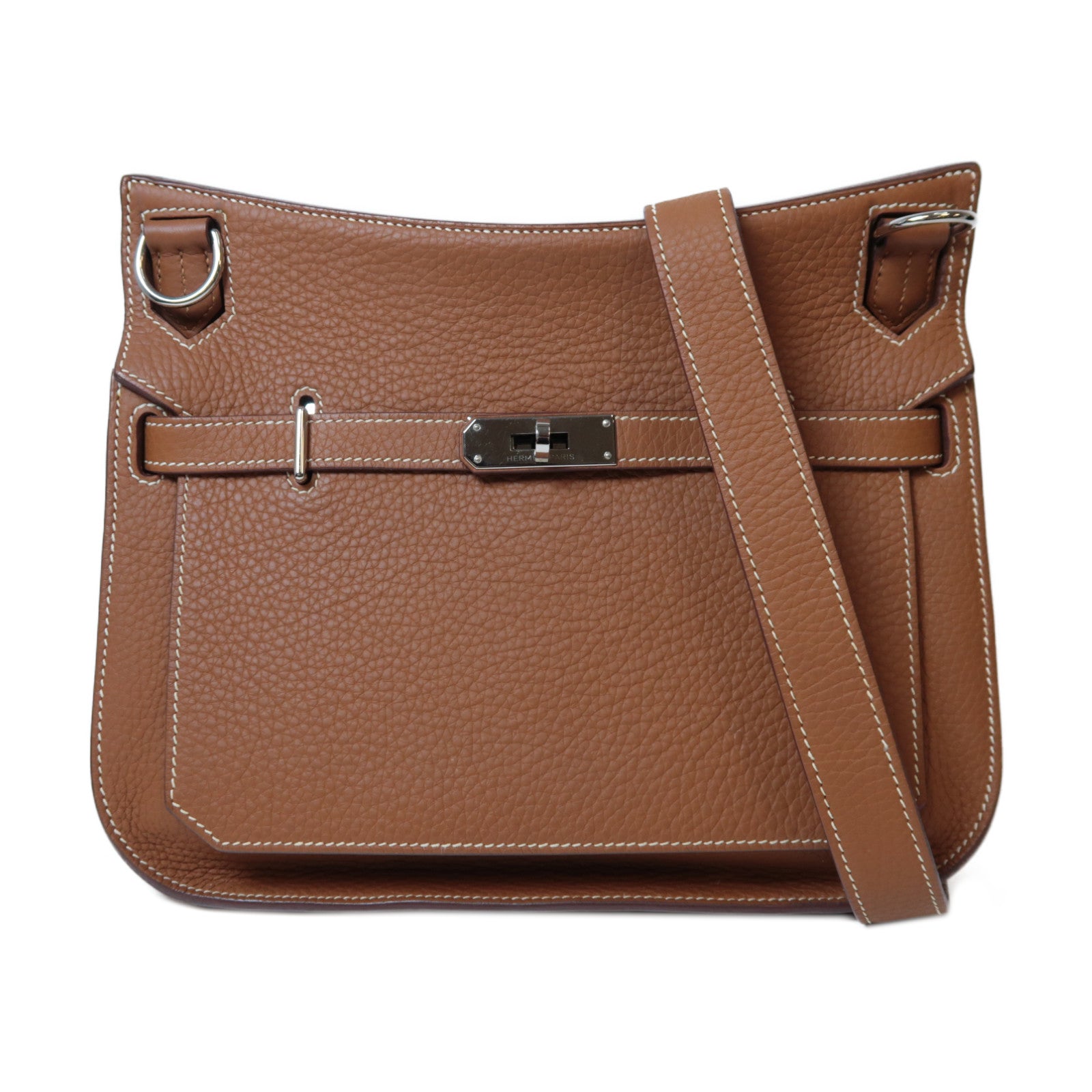 HERMES Clemence皮革Jypsiere 28銀扣肩背袋經典駝色