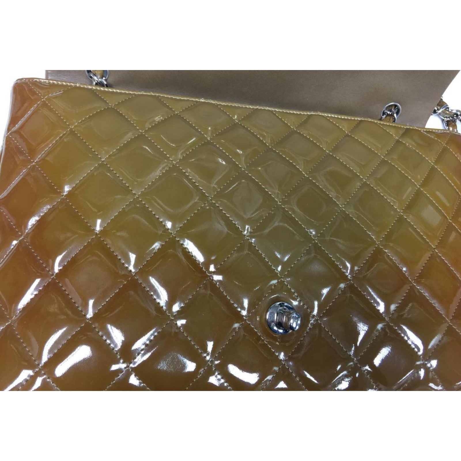 CHANEL 菱格漆皮皮革Chain Shoulder銀扣鏈帶肩背袋棕色