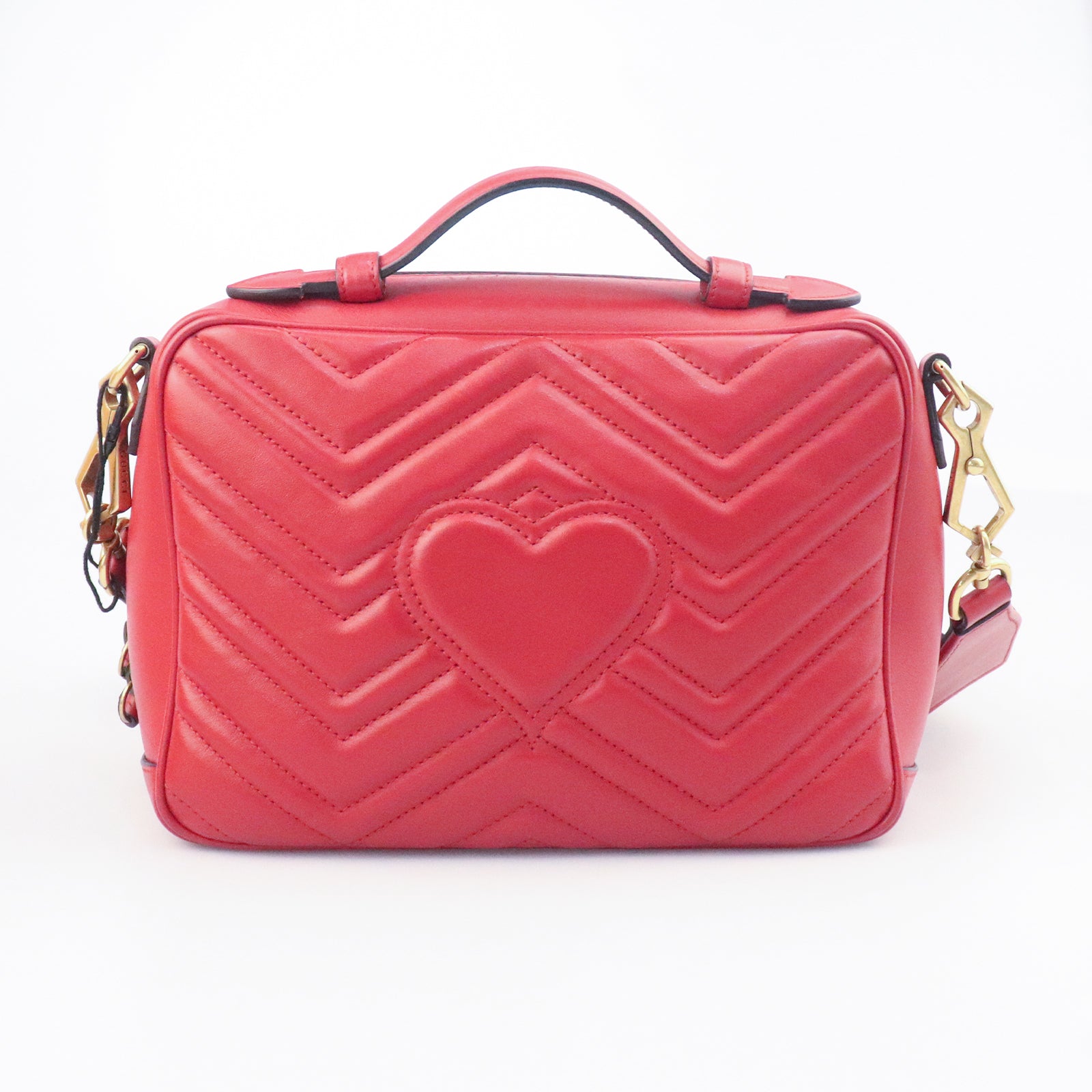 GUCCI cowhide leather GG Marmont gold buckle handle shoulder bag red