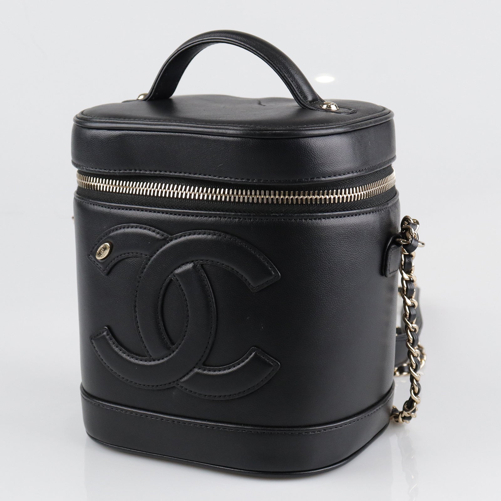 CHANEL Sheepskin Leather Vanity Gold Buckle Handle Shoulder Bag Black
