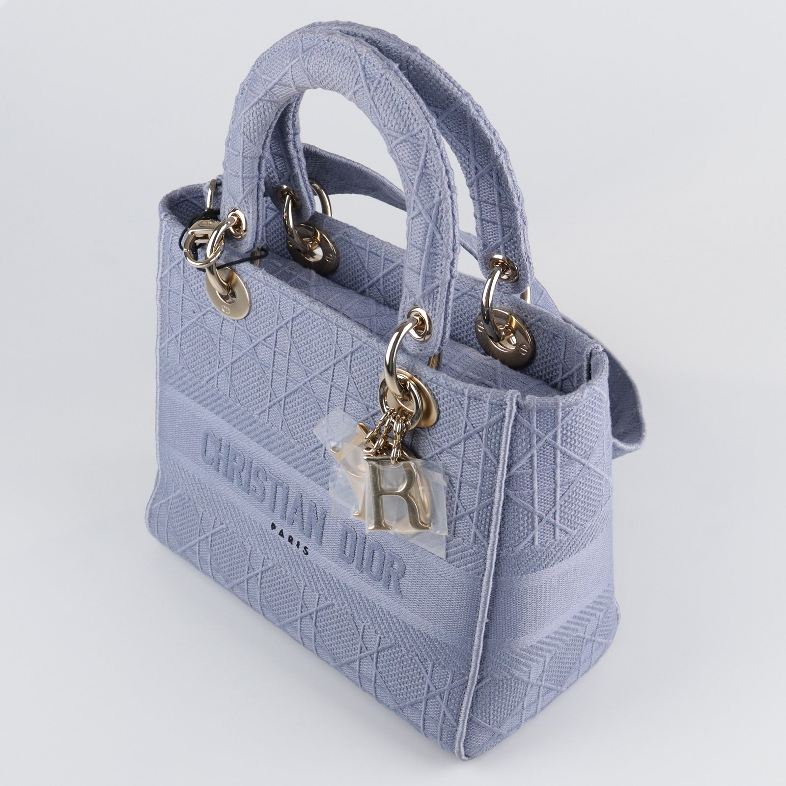 Dior canvas Lady Dior gold buckle handle shoulder bag blue