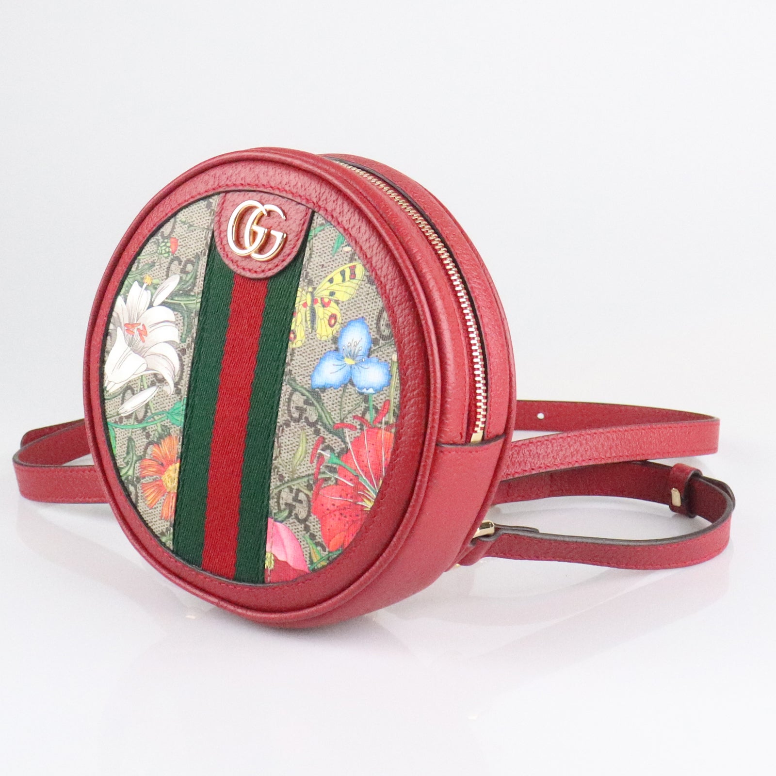 GUCCI 涂层帆布Ophidia Floral Round Backpack Bag金扣肩背袋红色