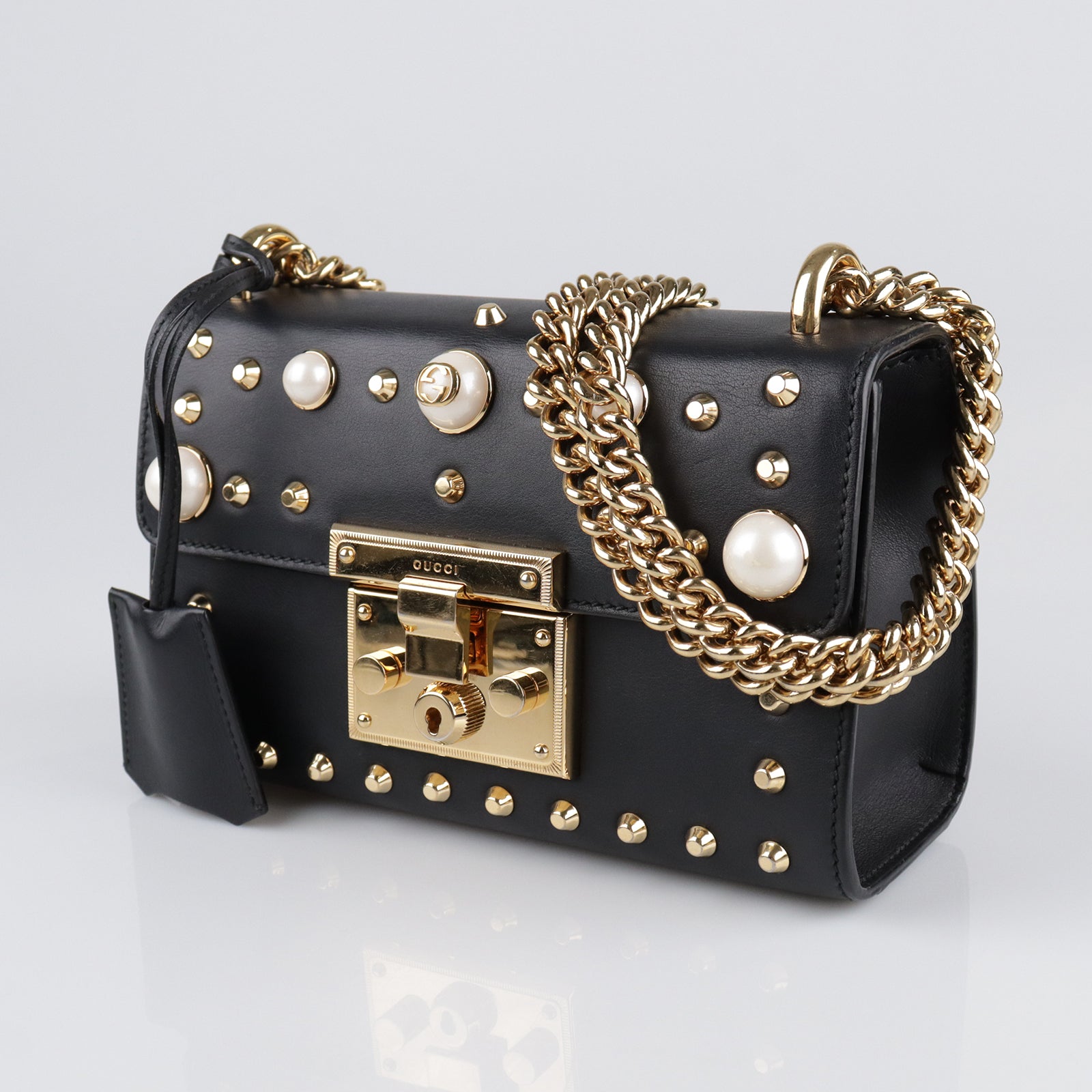 GUCCI Leather Padlock Studded Gold Buckle Shoulder Bag Black