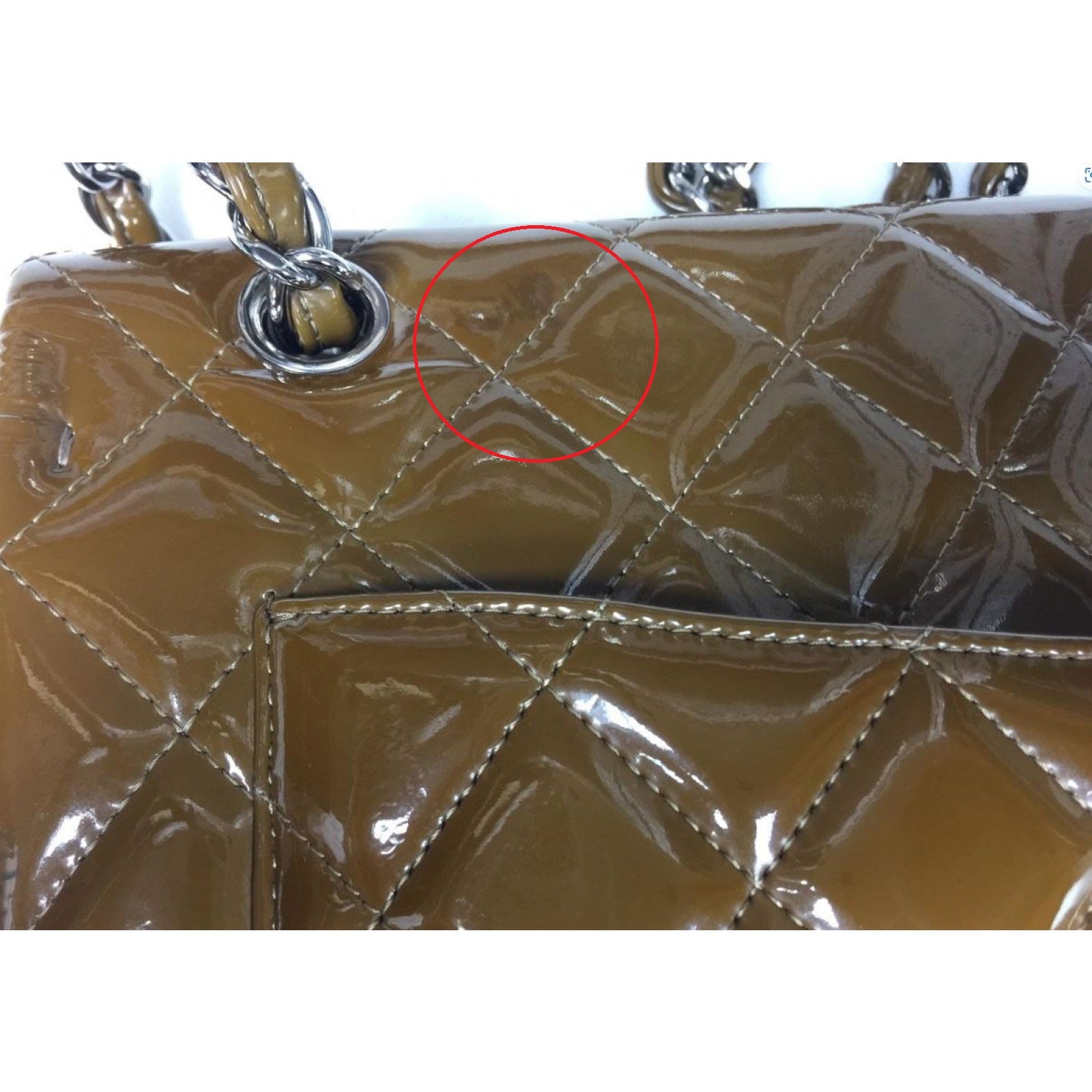 CHANEL 菱格漆皮皮革Chain Shoulder銀扣鏈帶肩背袋棕色