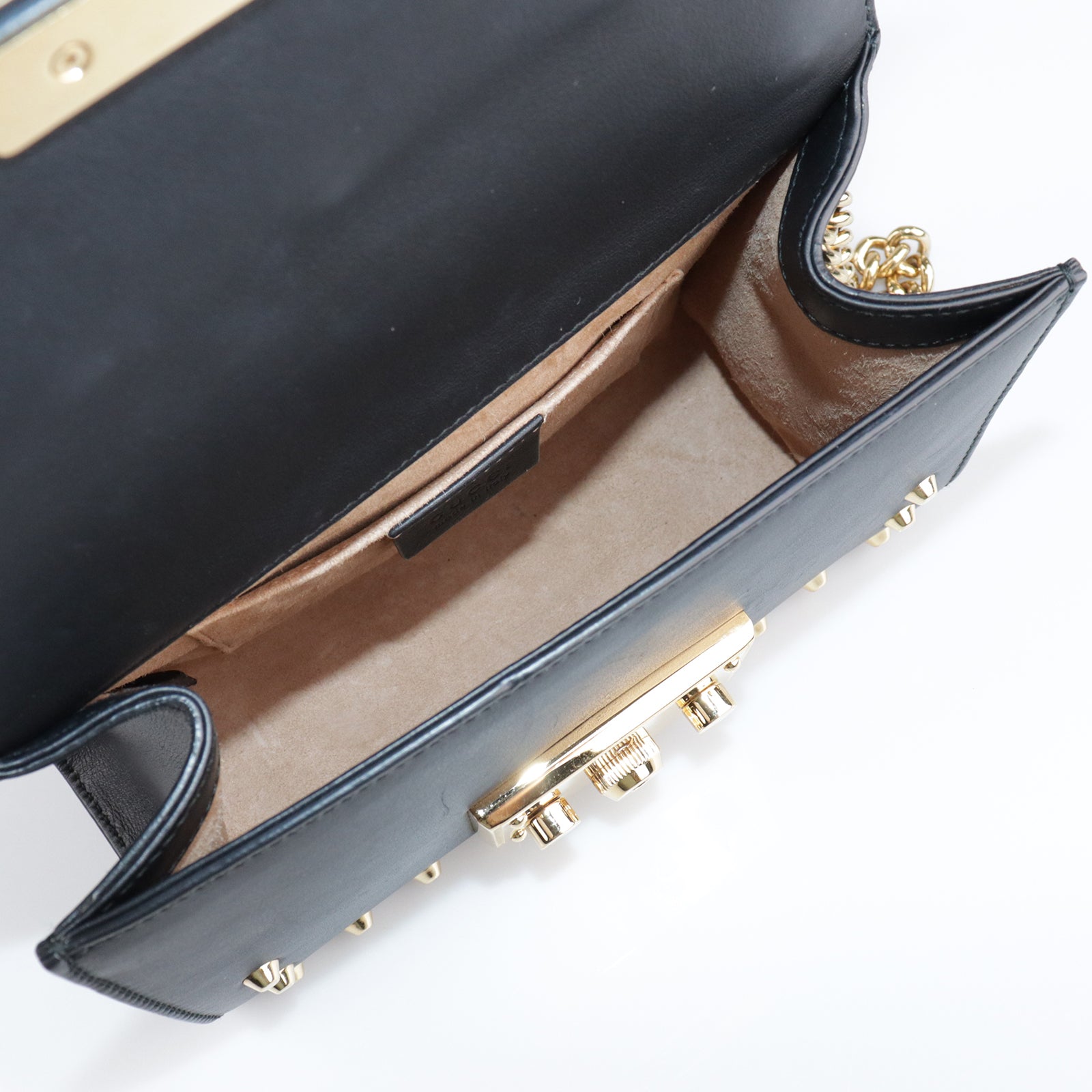 GUCCI Leather Padlock Studded Gold Buckle Shoulder Bag Black