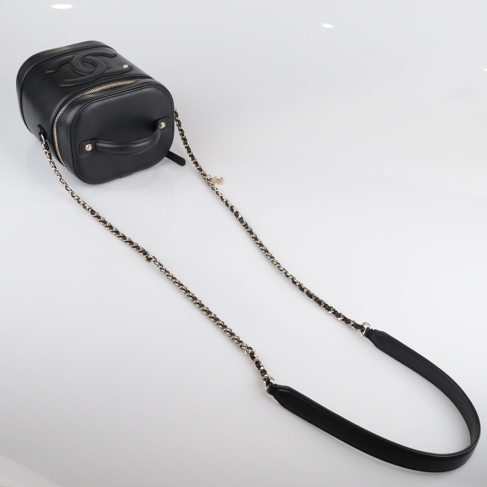 CHANEL Sheepskin Leather Vanity Gold Buckle Handle Shoulder Bag Black