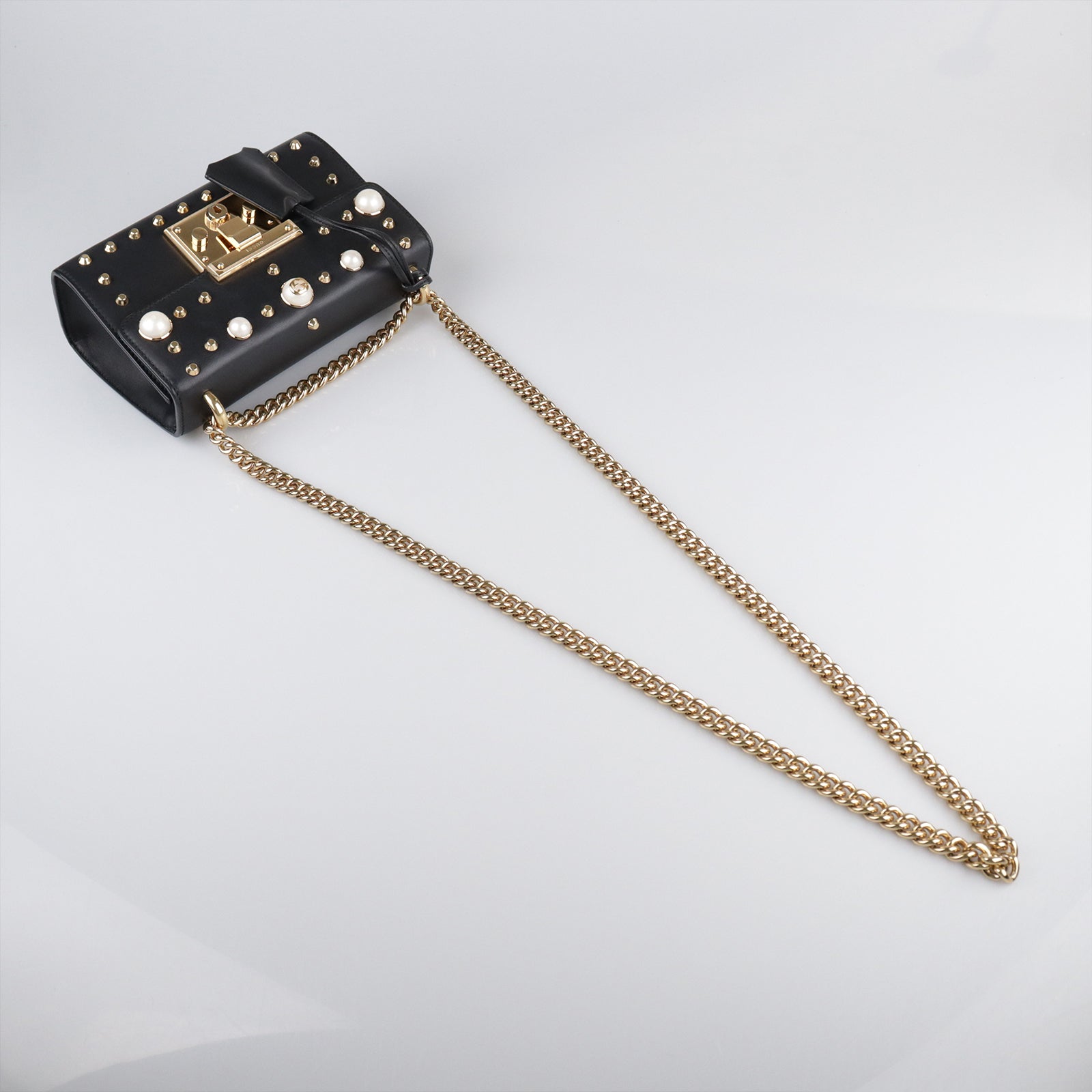 GUCCI Leather Padlock Studded Gold Buckle Shoulder Bag Black