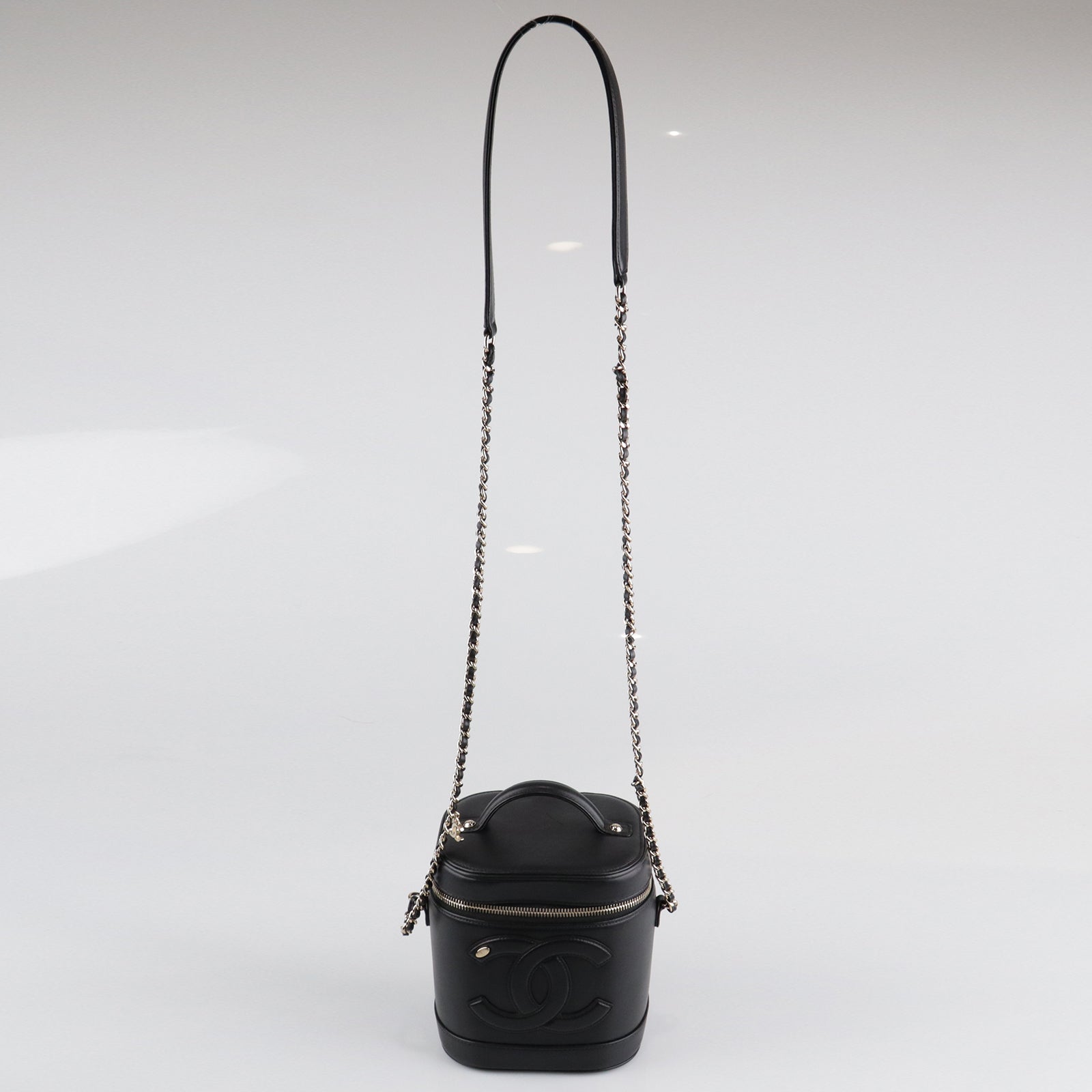 CHANEL Sheepskin Leather Vanity Gold Buckle Handle Shoulder Bag Black