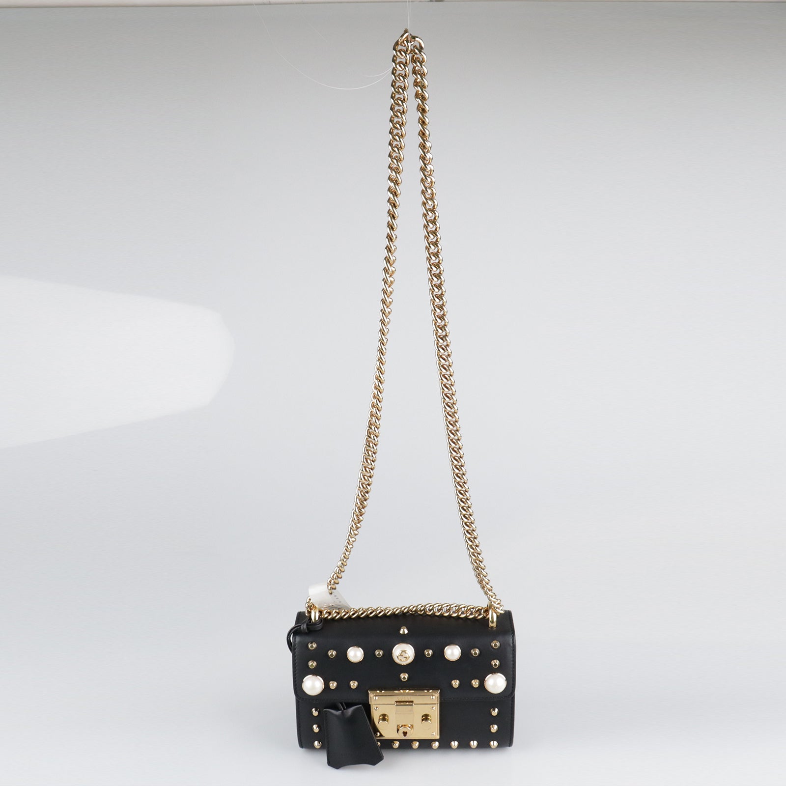 GUCCI Leather Padlock Studded Gold Buckle Shoulder Bag Black