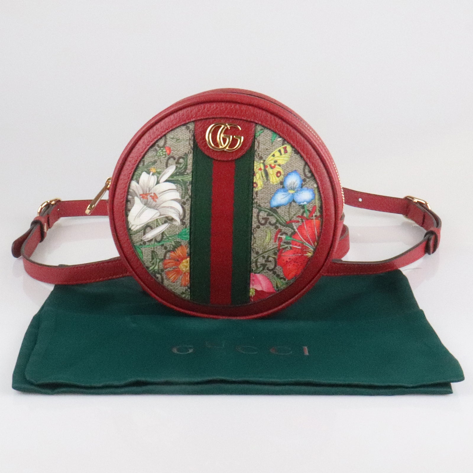 GUCCI 涂层帆布Ophidia Floral Round Backpack Bag金扣肩背袋红色