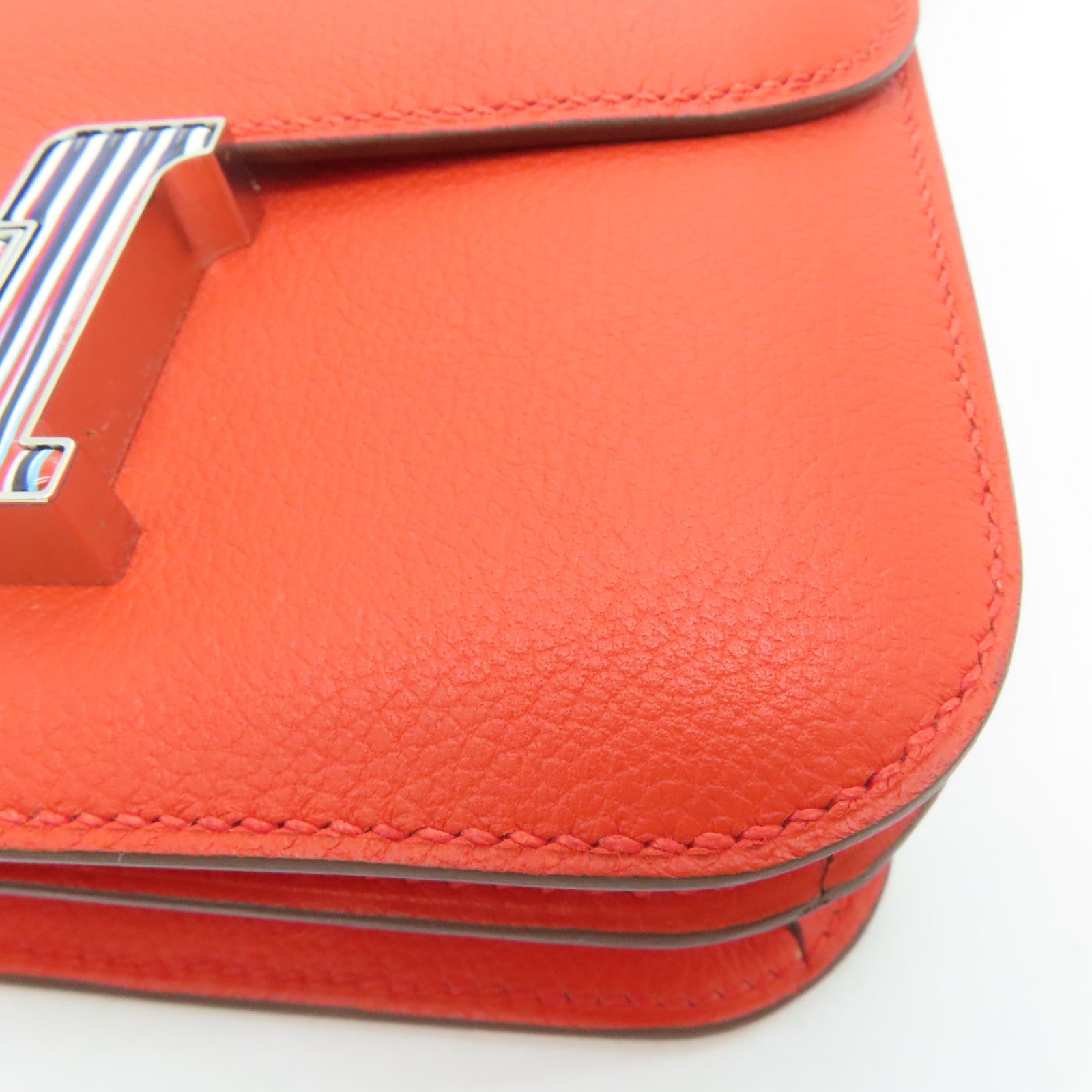 HERMES Evercolor Leather Constance Mini Silver Buckle Shoulder Bag Capucine Orange