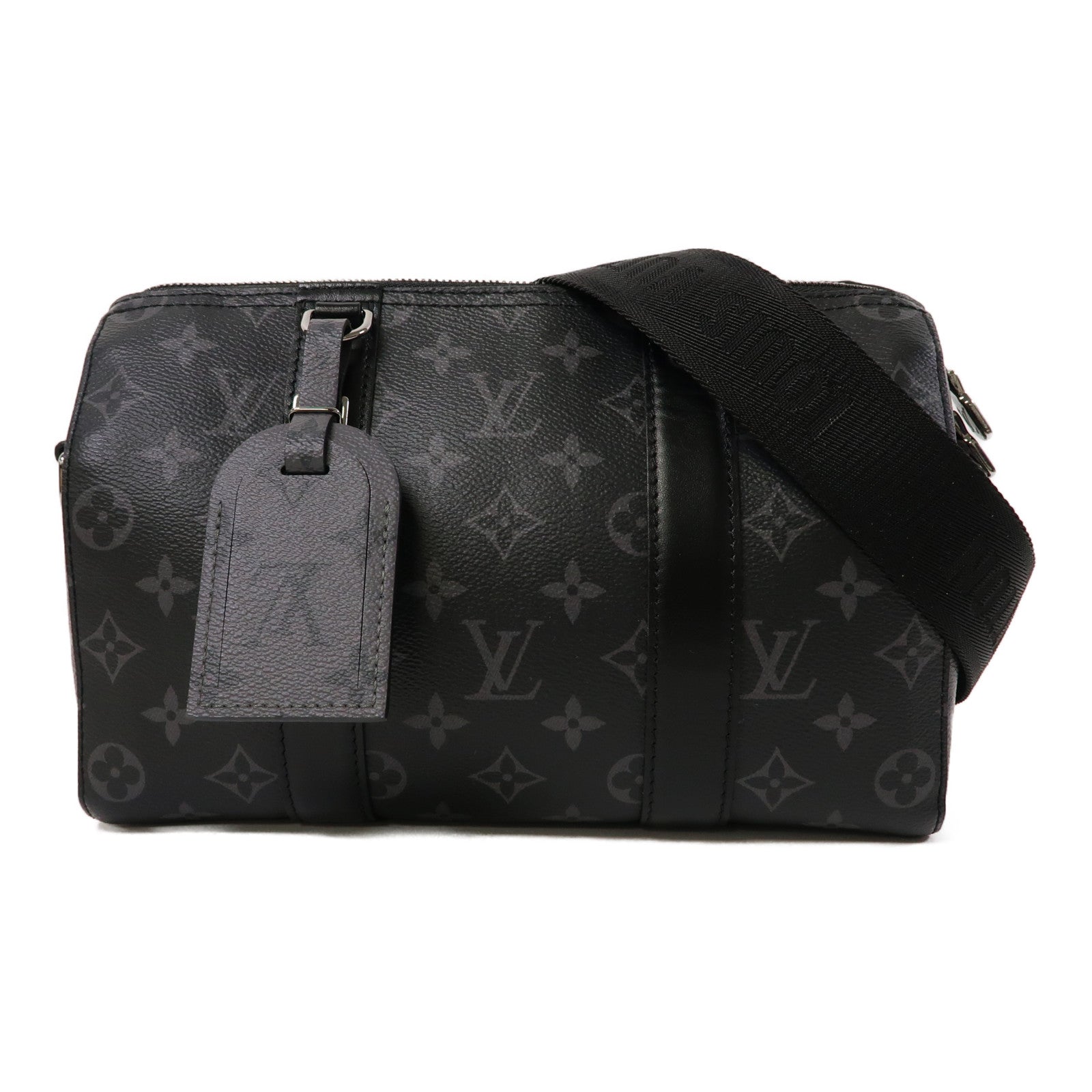 LOUIS VUITTON Monogram Eclipse Keepall Bandouliere 25銀扣肩背袋黑色