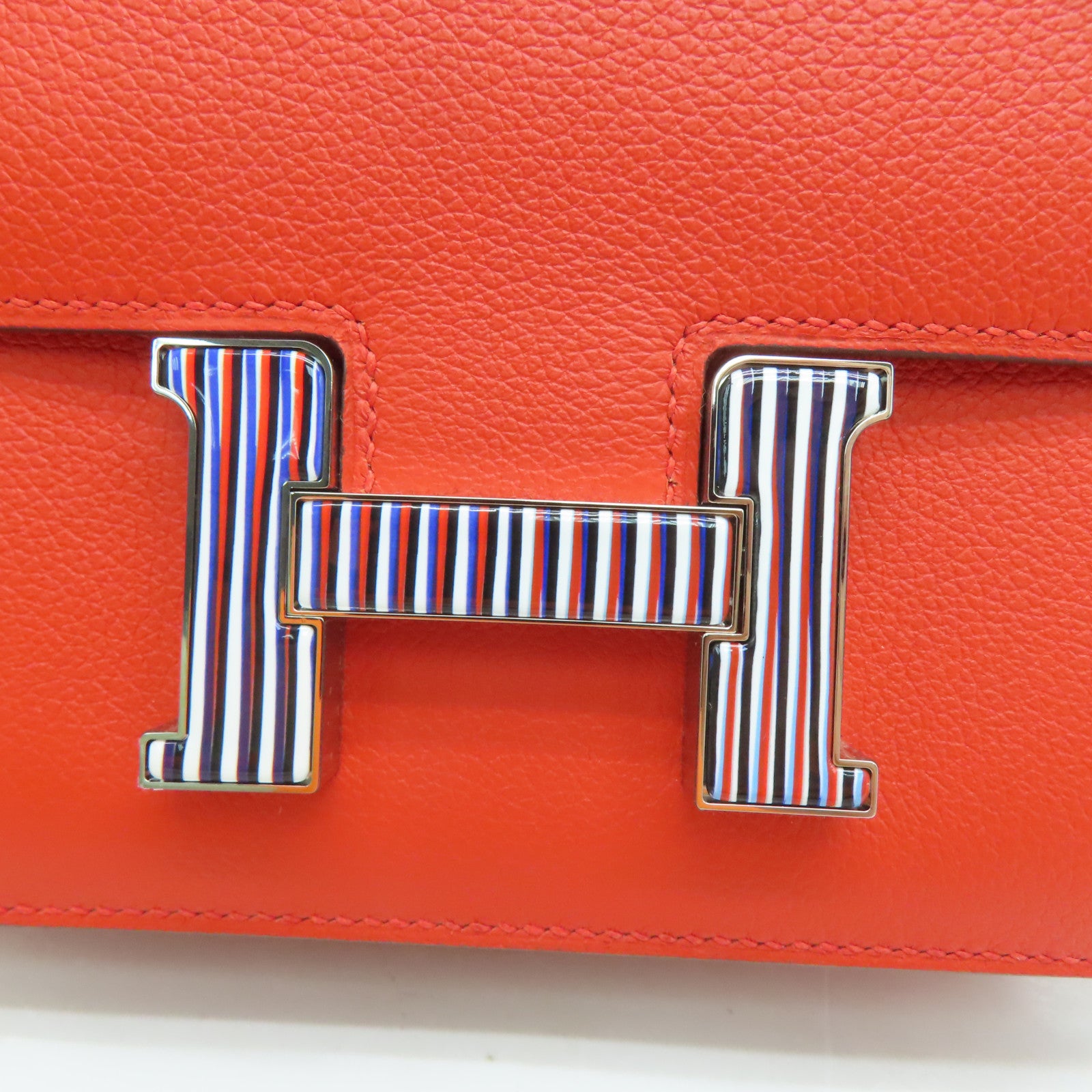 HERMES Evercolor Leather Constance Mini Silver Buckle Shoulder Bag Capucine Orange